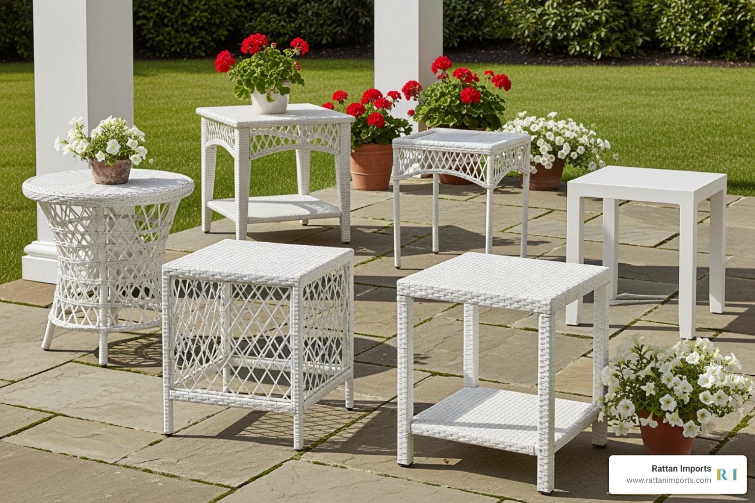 collection of different styles of white wicker end tables from Rattan Imports - white resin wicker end tables