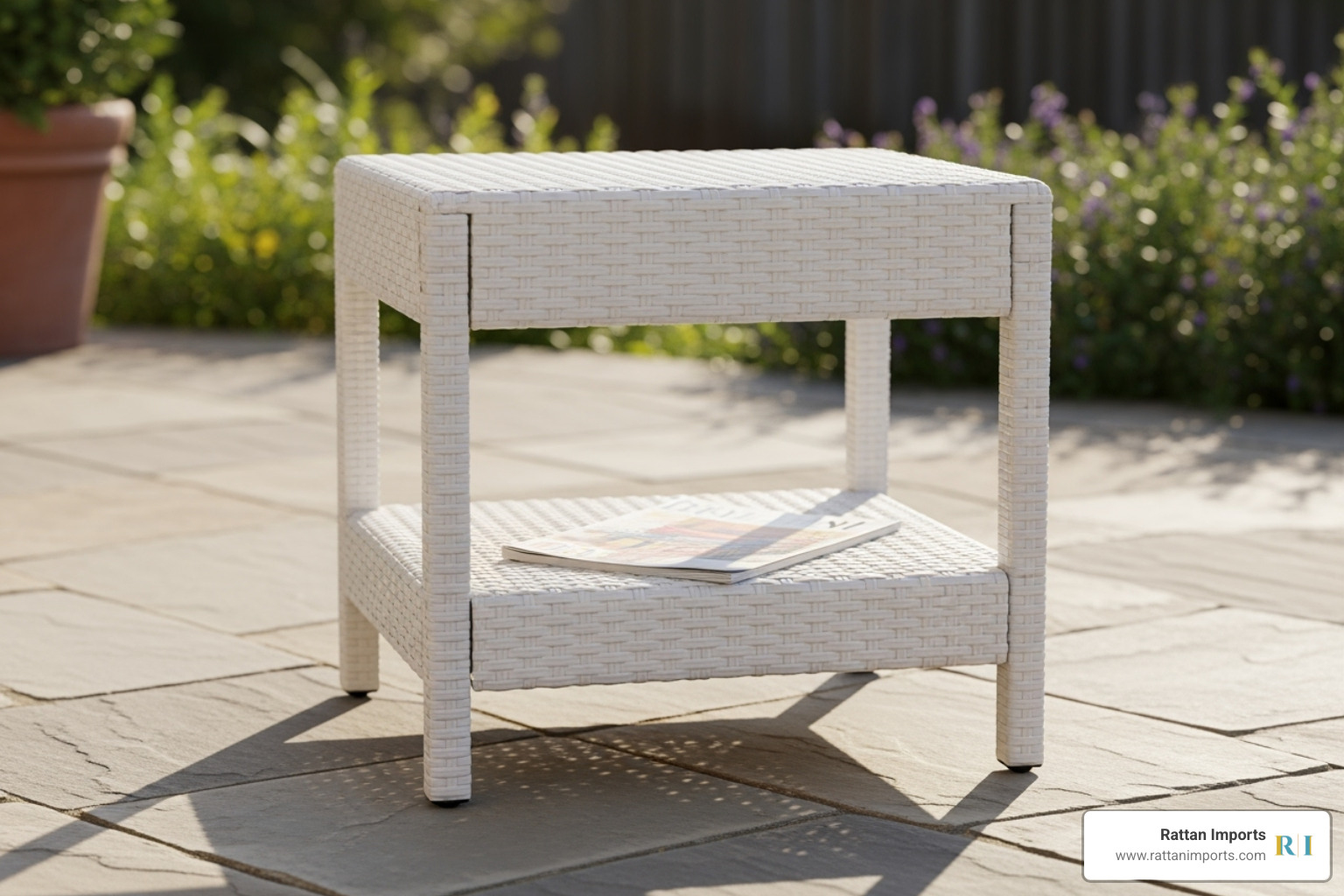 two-tier white resin wicker end table with a magazine on the bottom shelf from Rattan Imports - white resin wicker end tables