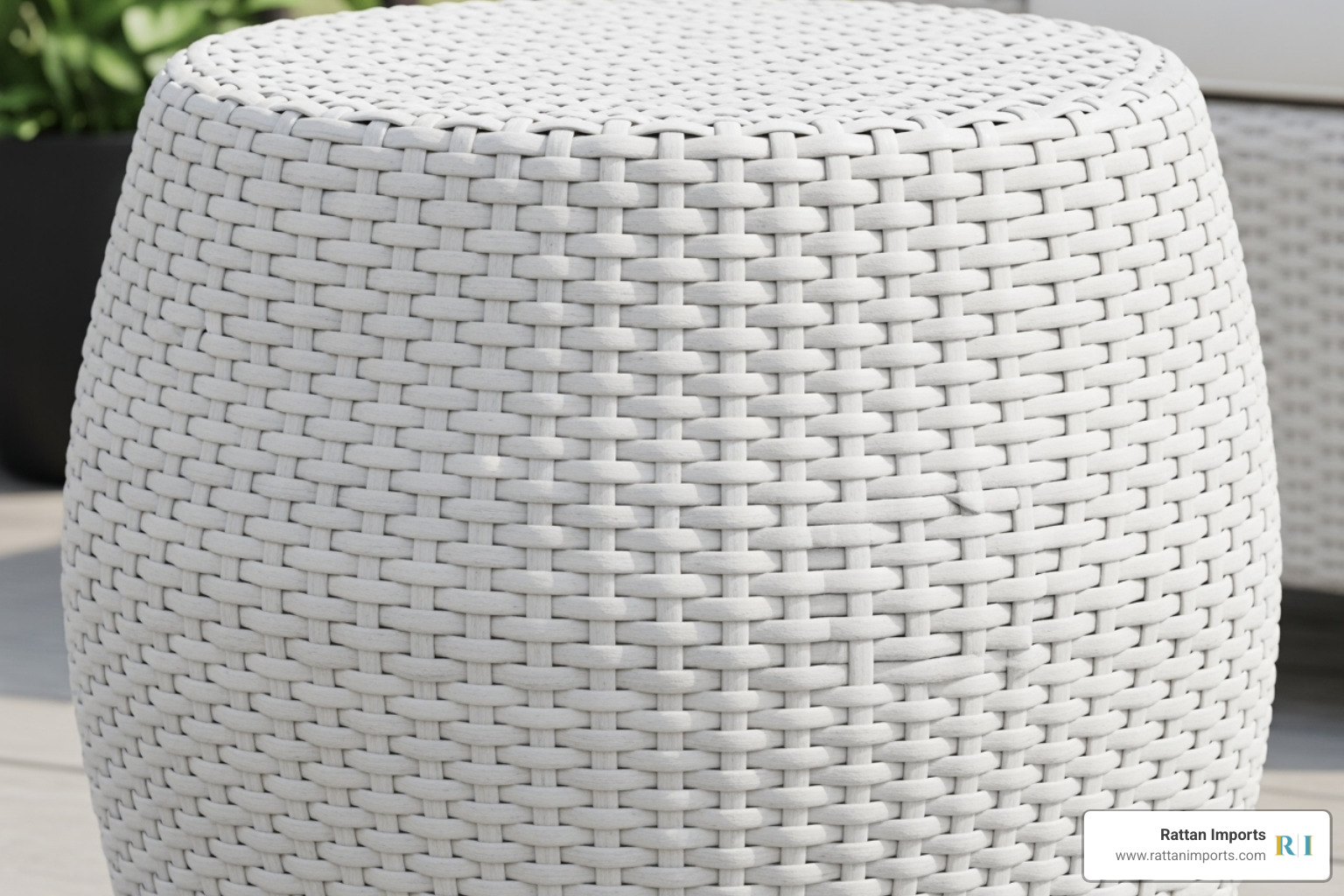round white resin wicker end table with a drum shape from Rattan Imports - white resin wicker end tables