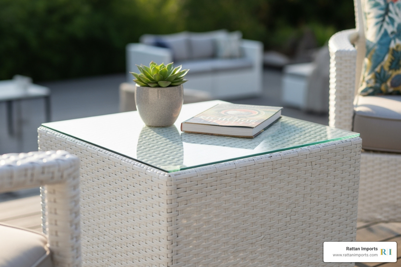 square white resin wicker end table with a glass top from Rattan Imports - white resin wicker end tables