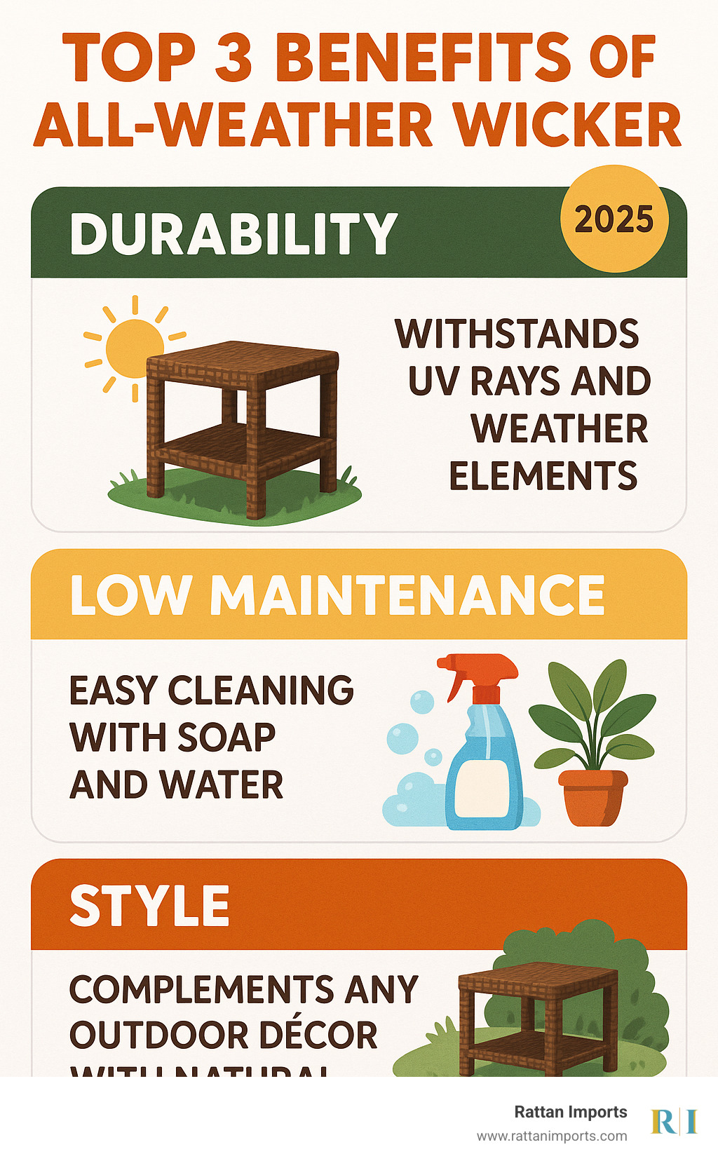 Infographic showing the top 3 benefits of all-weather wicker: Durability - withstands UV rays and weather elements, Low Maintenance - easy cleaning with soap and water, and Style - complements any outdoor decor with natural textures - brown wicker side table outdoor infographic 