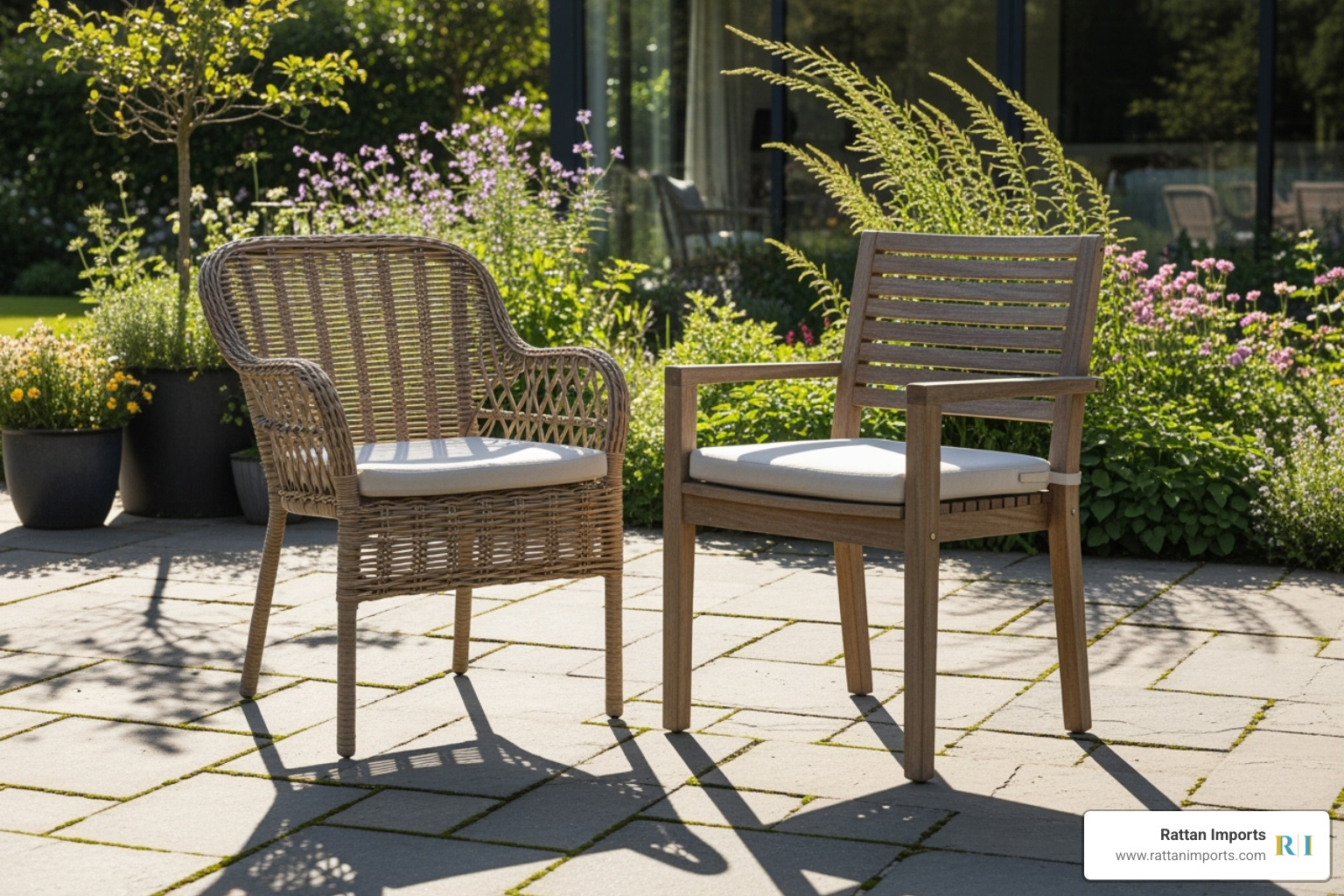 Rattan chair next to a wood chair - Rattan outdoor dining table