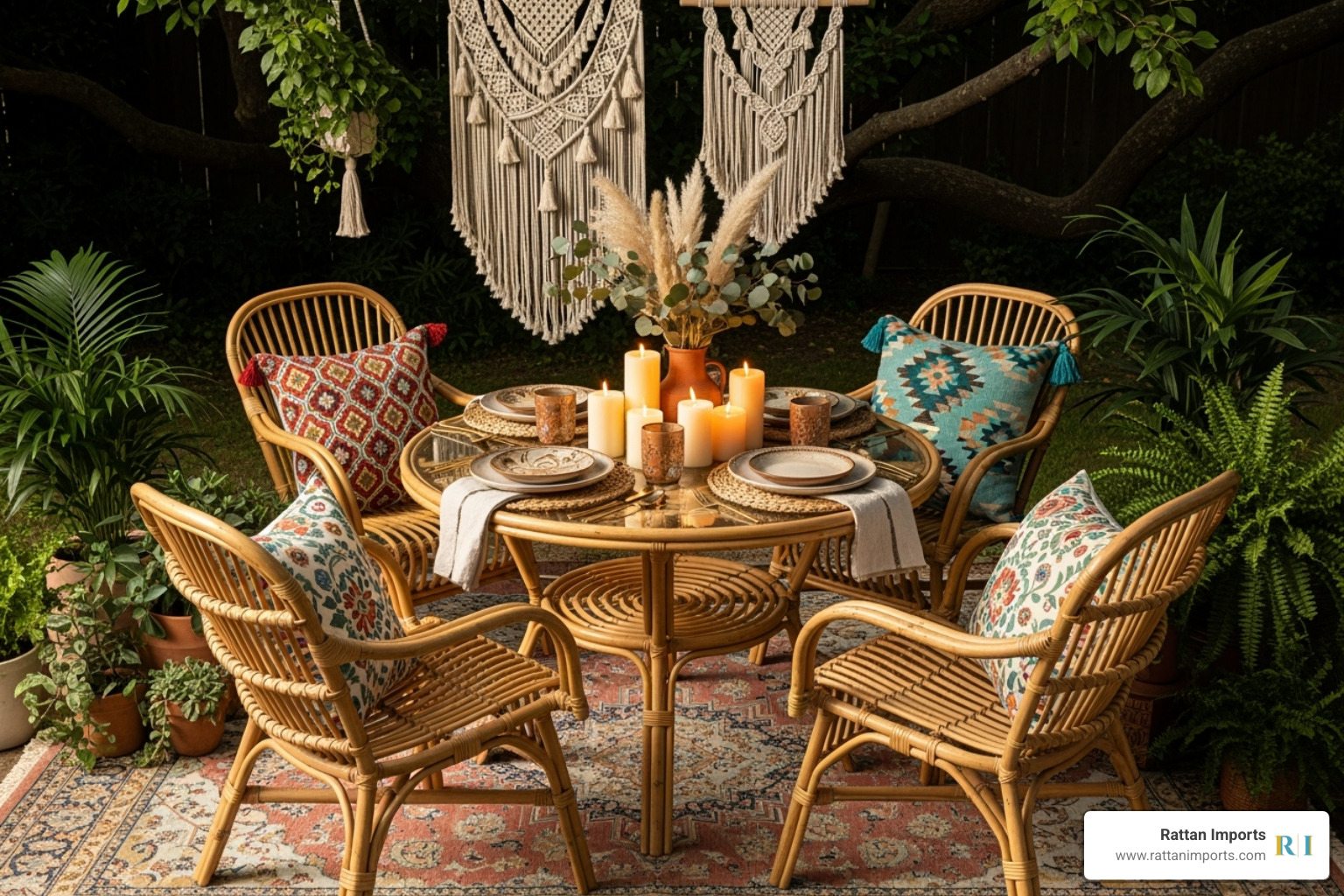 Rattan dining set styled with bohemian decor like macrame and colorful pillows - Rattan outdoor dining table