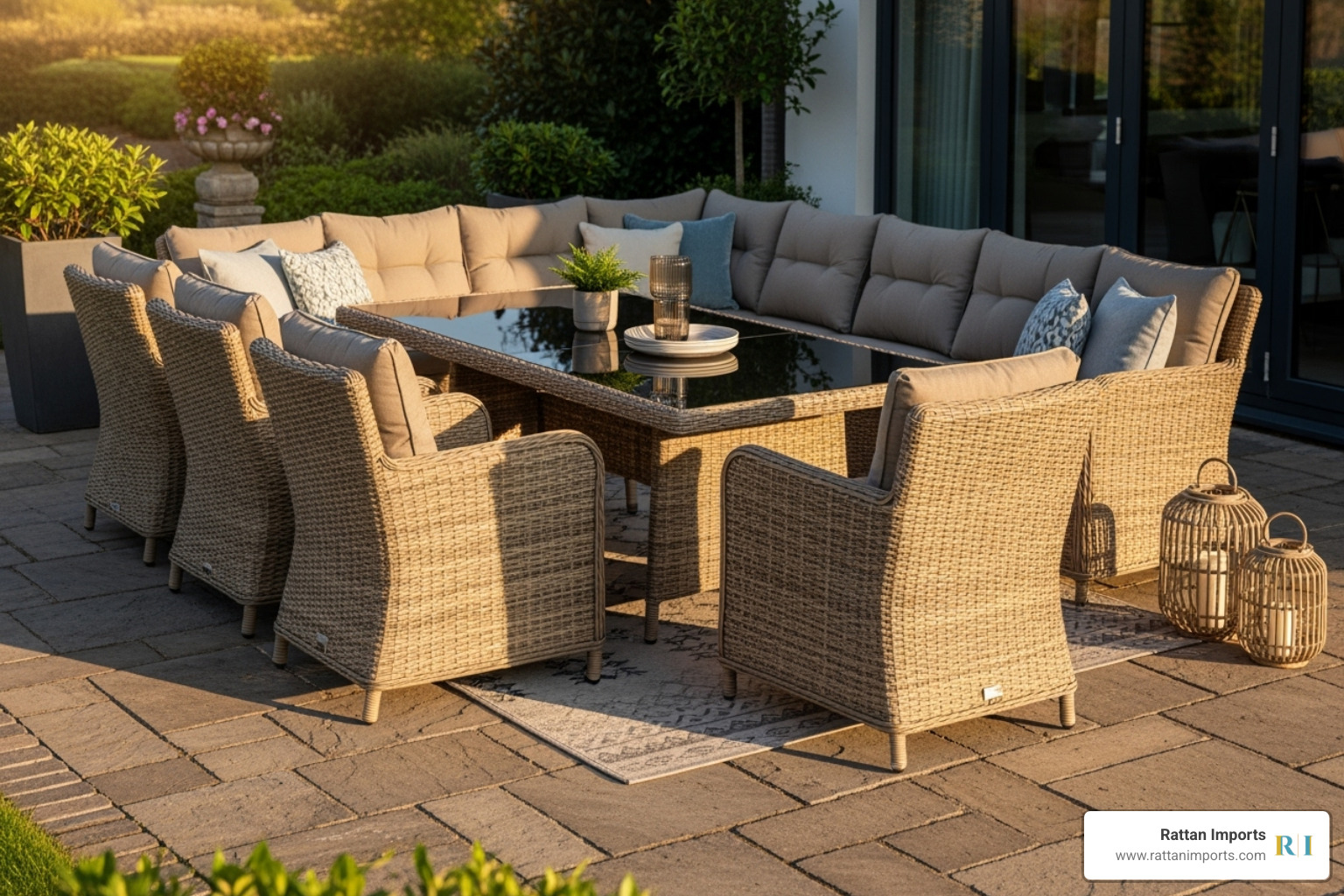Rattan dining set with cushioned sofa-style seating - Rattan outdoor dining table