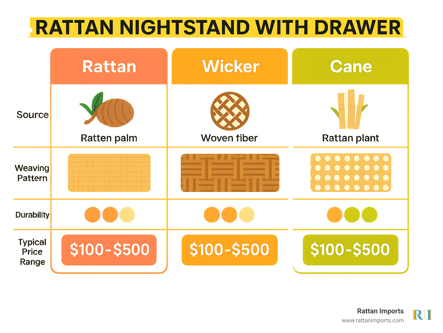 Infographic showing the differences between rattan, wicker, and cane materials, including their sources, weaving patterns, durability ratings, and typical price ranges for nightstands with drawers - Rattan nightstand with drawer infographic 