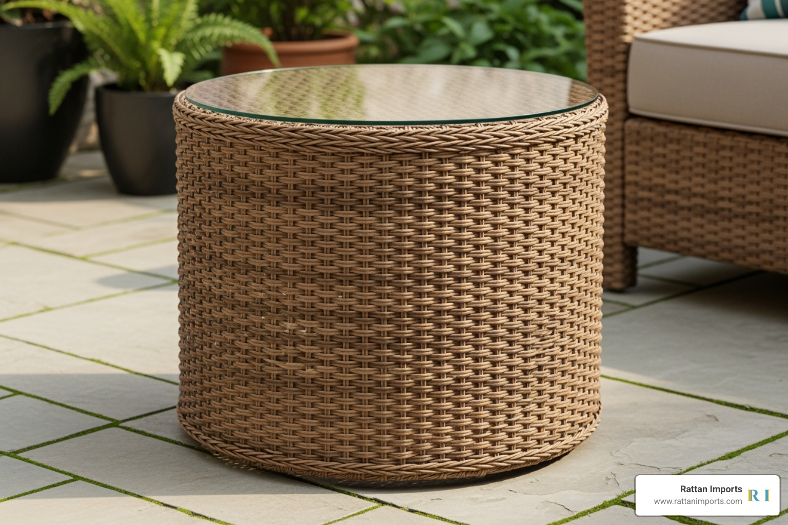 round, drum-style wicker side table - resin wicker side table