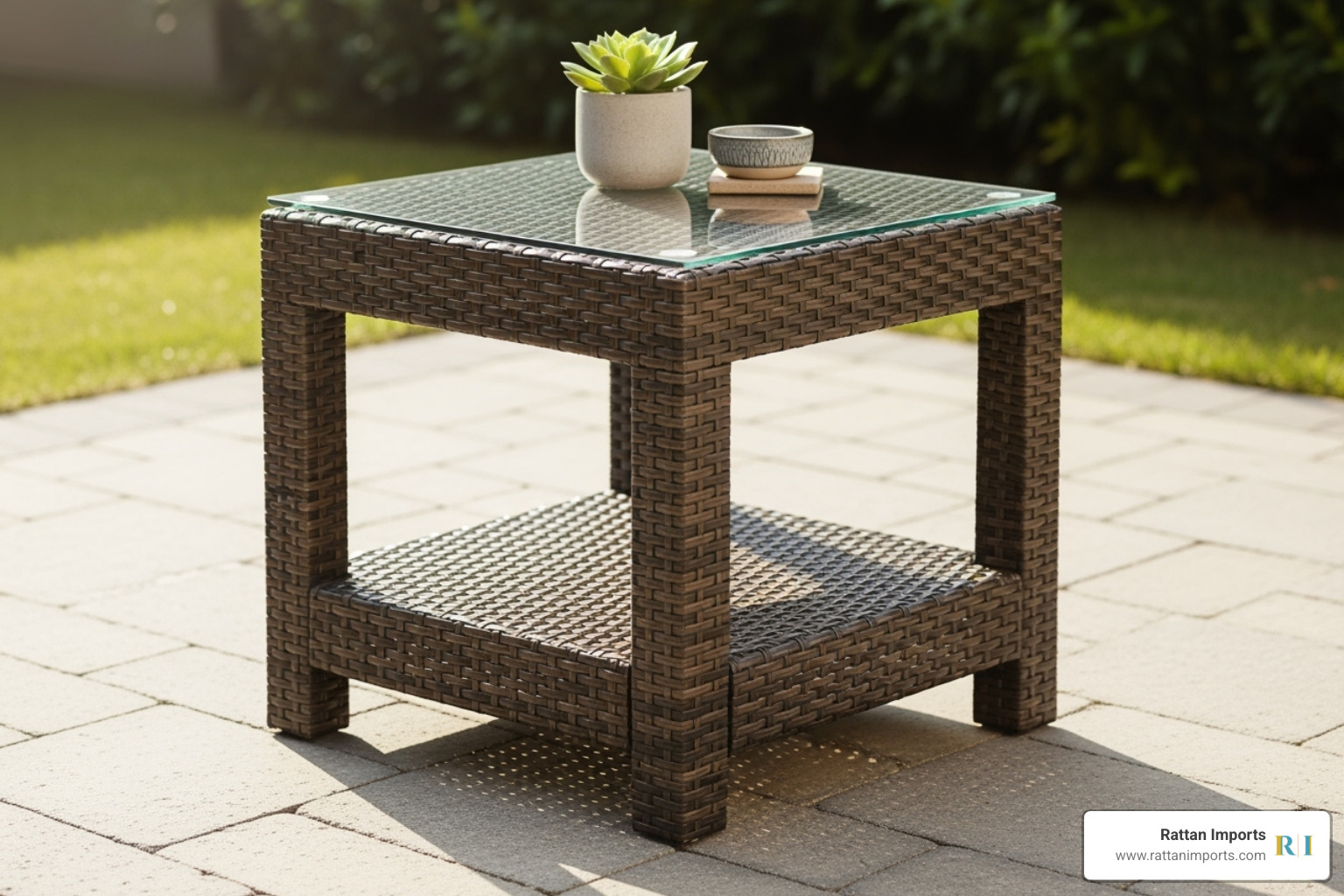 cube-shaped side table with a lower shelf - resin wicker side table