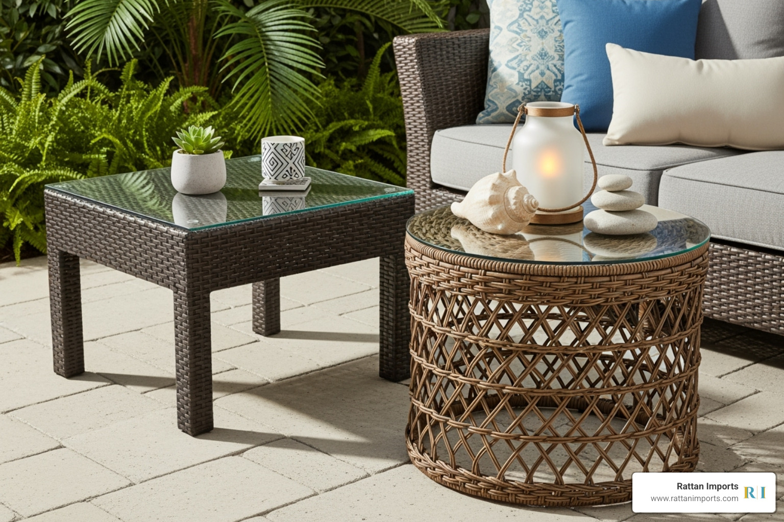 different styles of resin wicker side tables, including a modern square one and a coastal round one - resin wicker side table