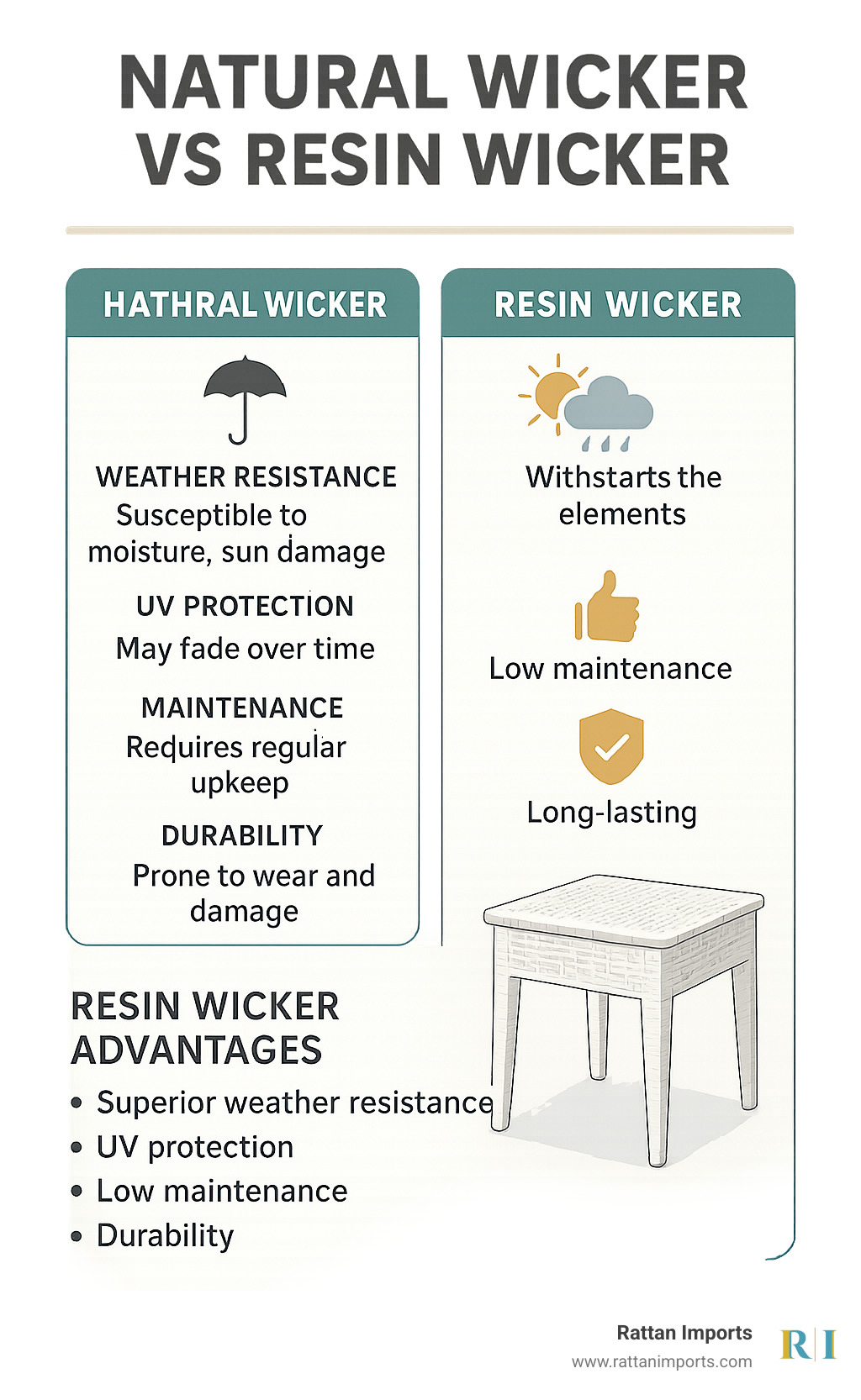 Infographic comparing natural wicker vs resin wicker materials, showing resin wicker's superior weather resistance, UV protection, low maintenance requirements, and durability advantages over natural wicker, with specific focus on white resin wicker end tables - white resin wicker end tables infographic 