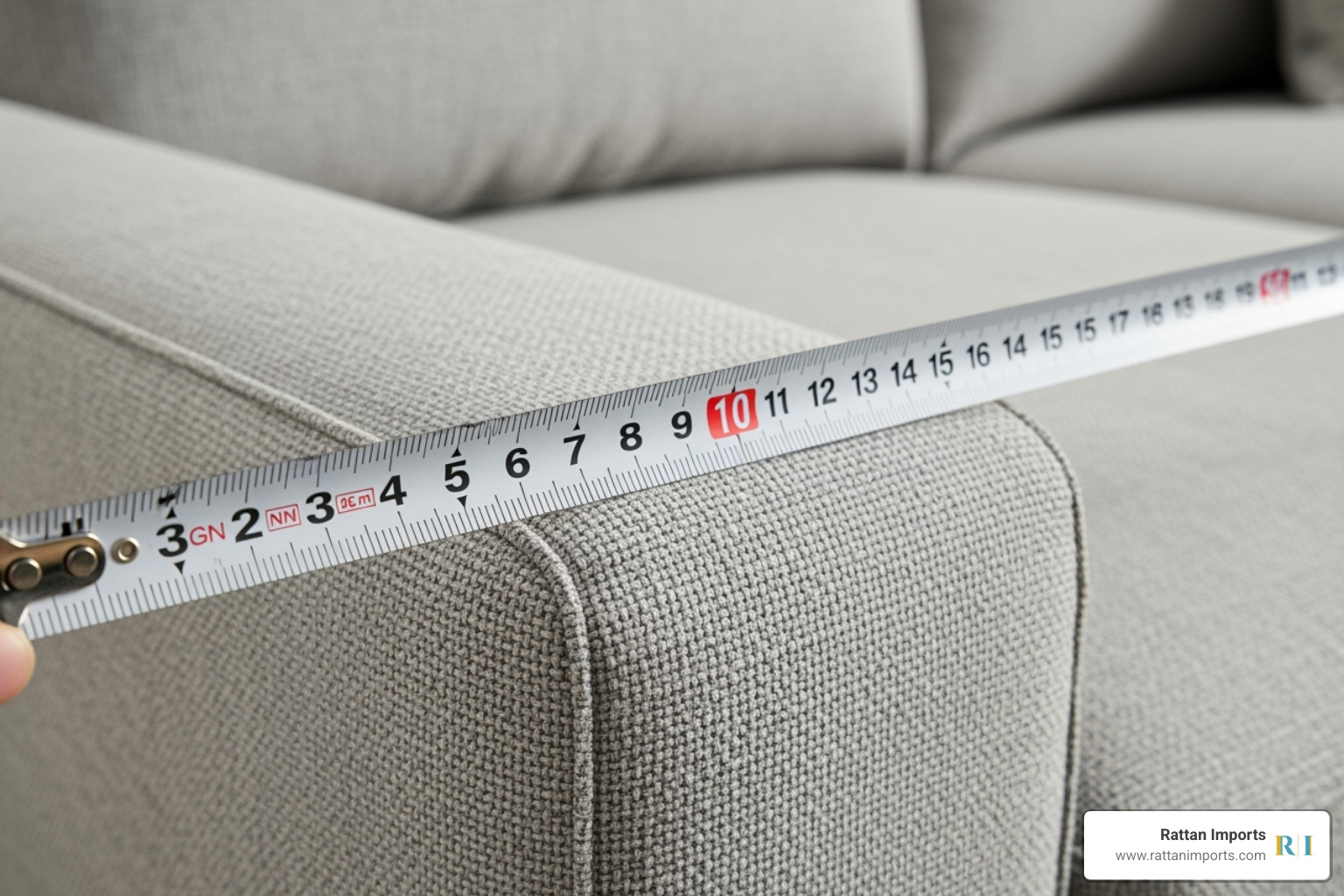 A measuring tape next to a sofa arm illustrating how to measure for end table height - end tables