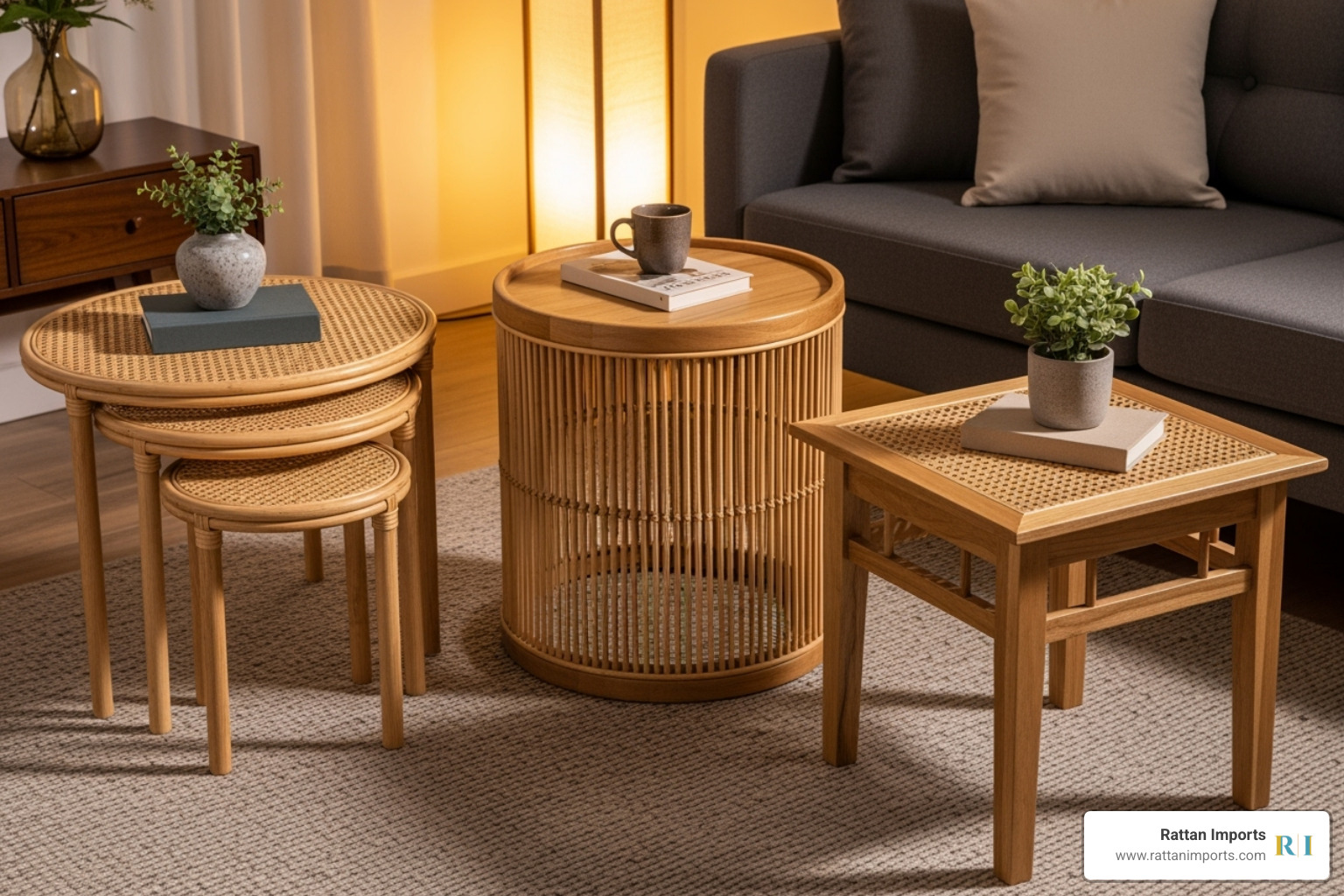 A graphic showcasing a variety of end table styles from Rattan Imports, including nesting, drum, and classic square tables crafted with rattan and wood elements - end tables