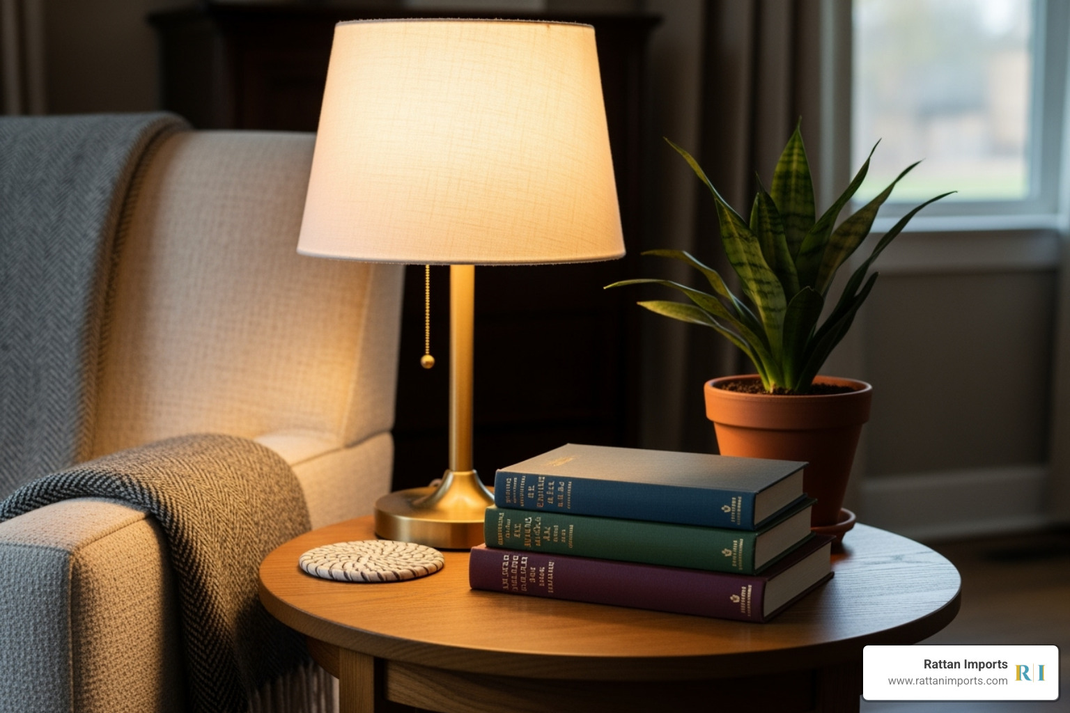 A perfectly styled end table with a lamp, a plant, and a stack of books, showcasing balance and texture - end tables
