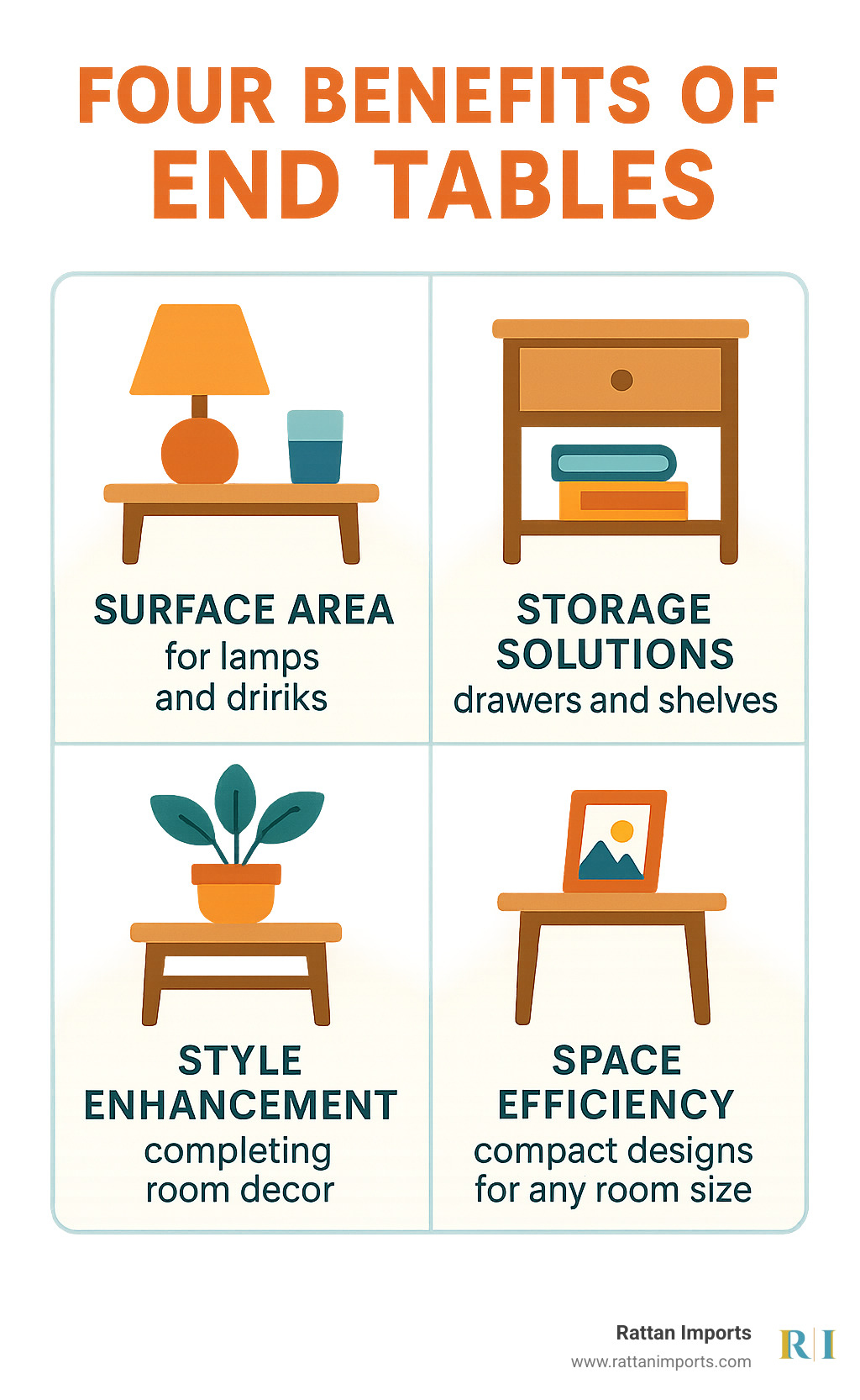 Infographic showing the four key benefits of end tables: Surface Area (for lamps and drinks), Storage Solutions (drawers and shelves), Style Improvement (completing room decor), and Space Efficiency (compact designs for any room size) - end tables infographic 