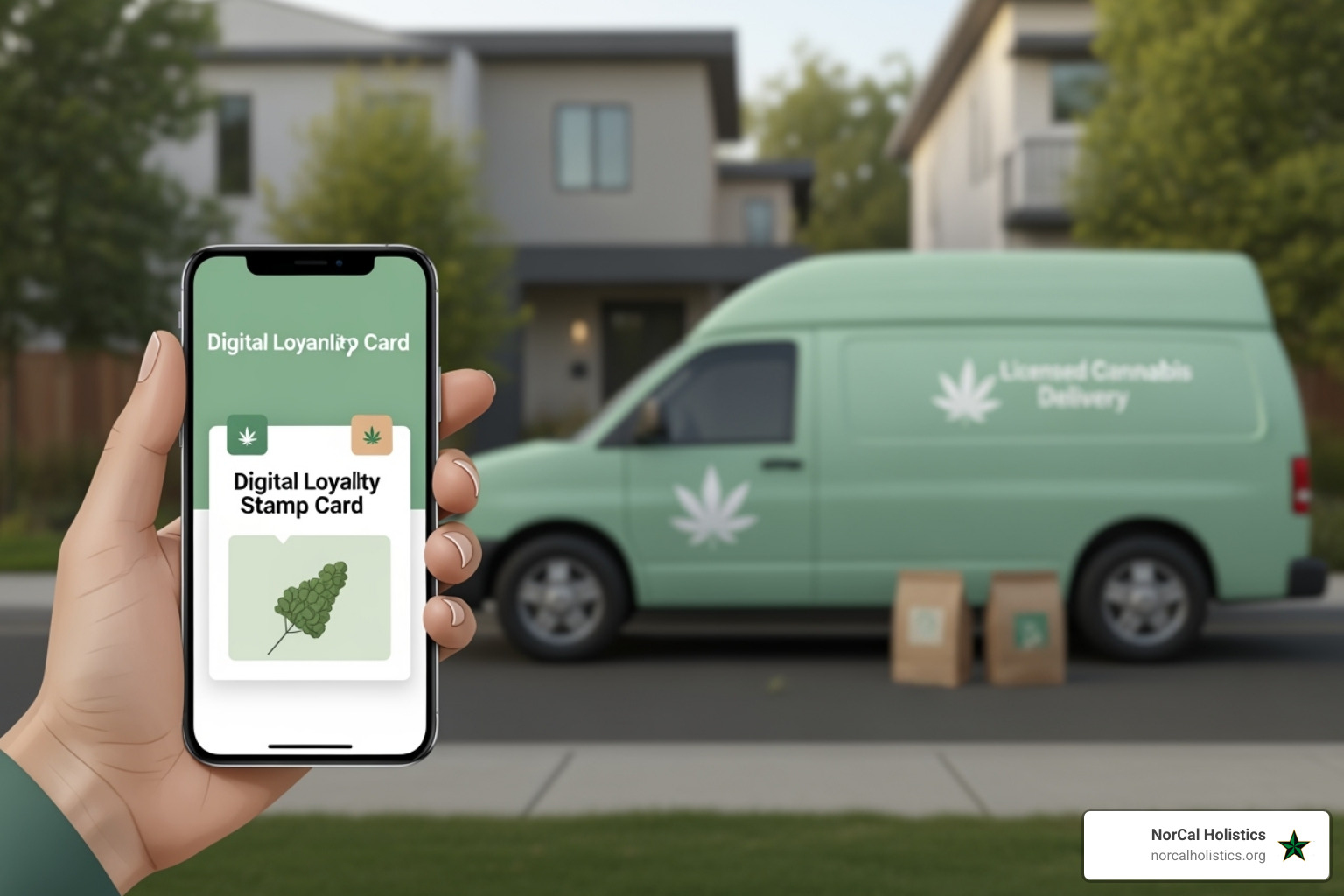 Digital loyalty stamp card on a smartphone, with a clean, unbranded delivery vehicle or driver and a modern residential or urban/suburban backdrop in or near Sacramento, CA - Sacramento weed deals