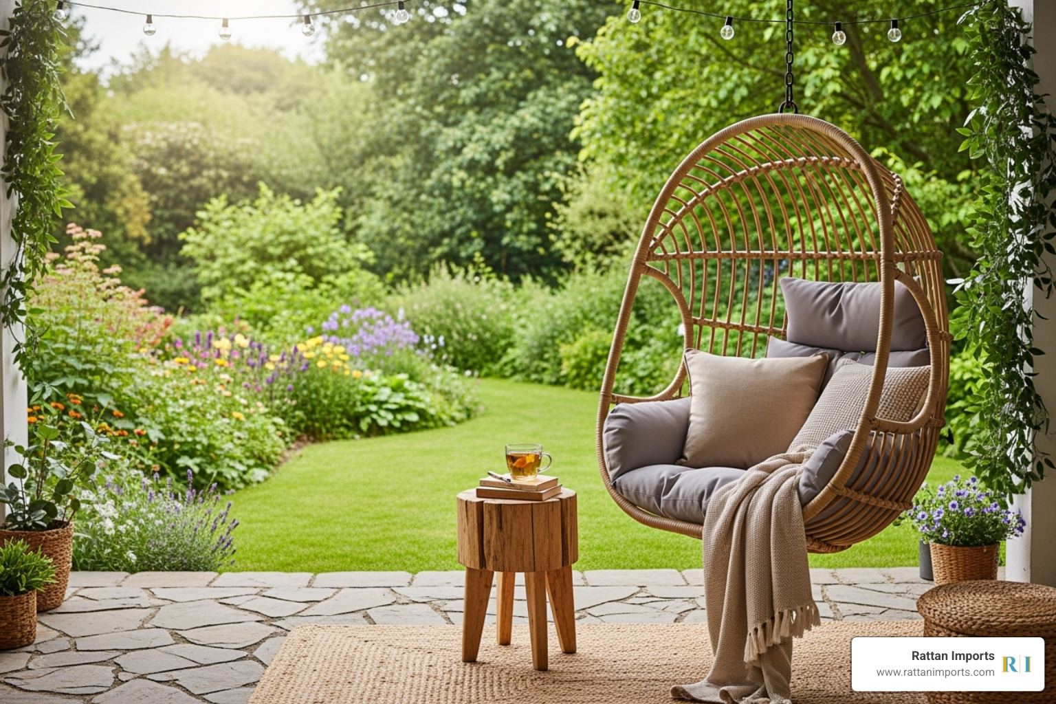 serene outdoor patio with a hanging egg chair overlooking a garden - Rattan hanging egg chair