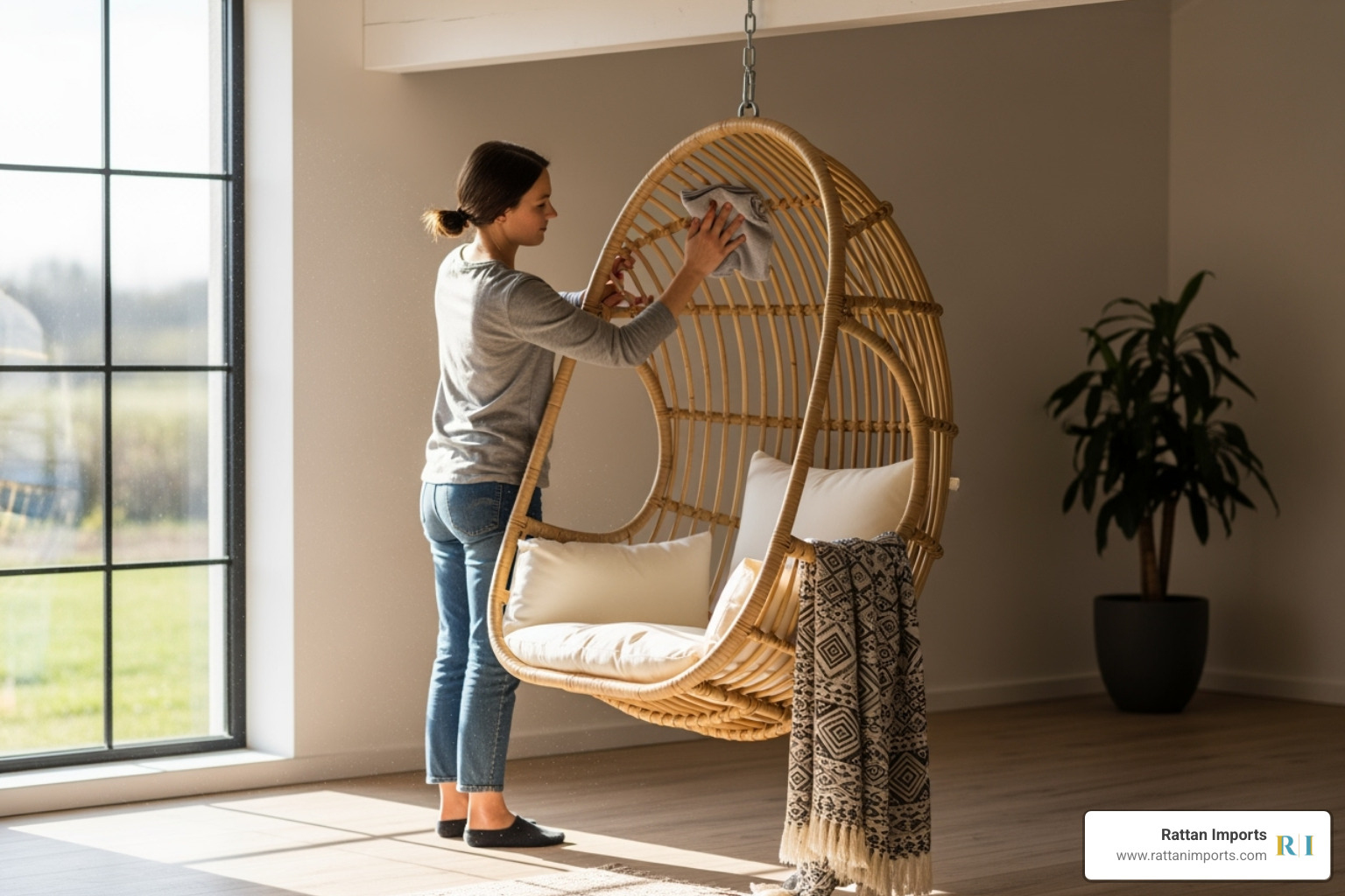 someone wiping down a rattan chair frame with a cloth - Rattan hanging egg chair