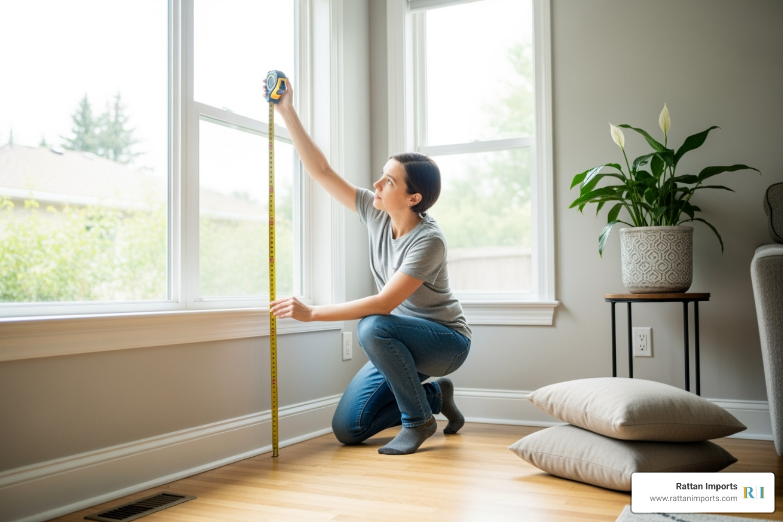 person measuring space in their room for a hanging chair - Rattan hanging egg chair