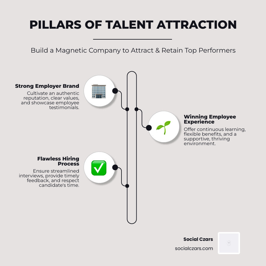 Infographic showing the three core pillars of talent attraction: a strong employer brand with authentic company values and employee testimonials, a winning employee experience featuring continuous learning and flexible benefits, and a flawless hiring process with streamlined interviews and timely feedback - Attracts top talent infographic infographic-line-3-steps-neat_beige