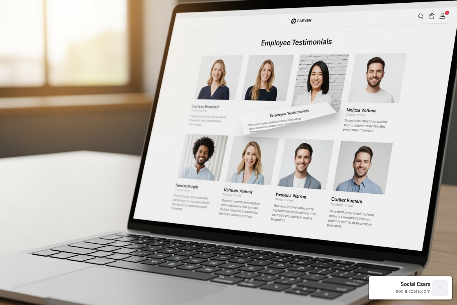 A company's career page on a laptop showcasing employee testimonials - Attracts top talent