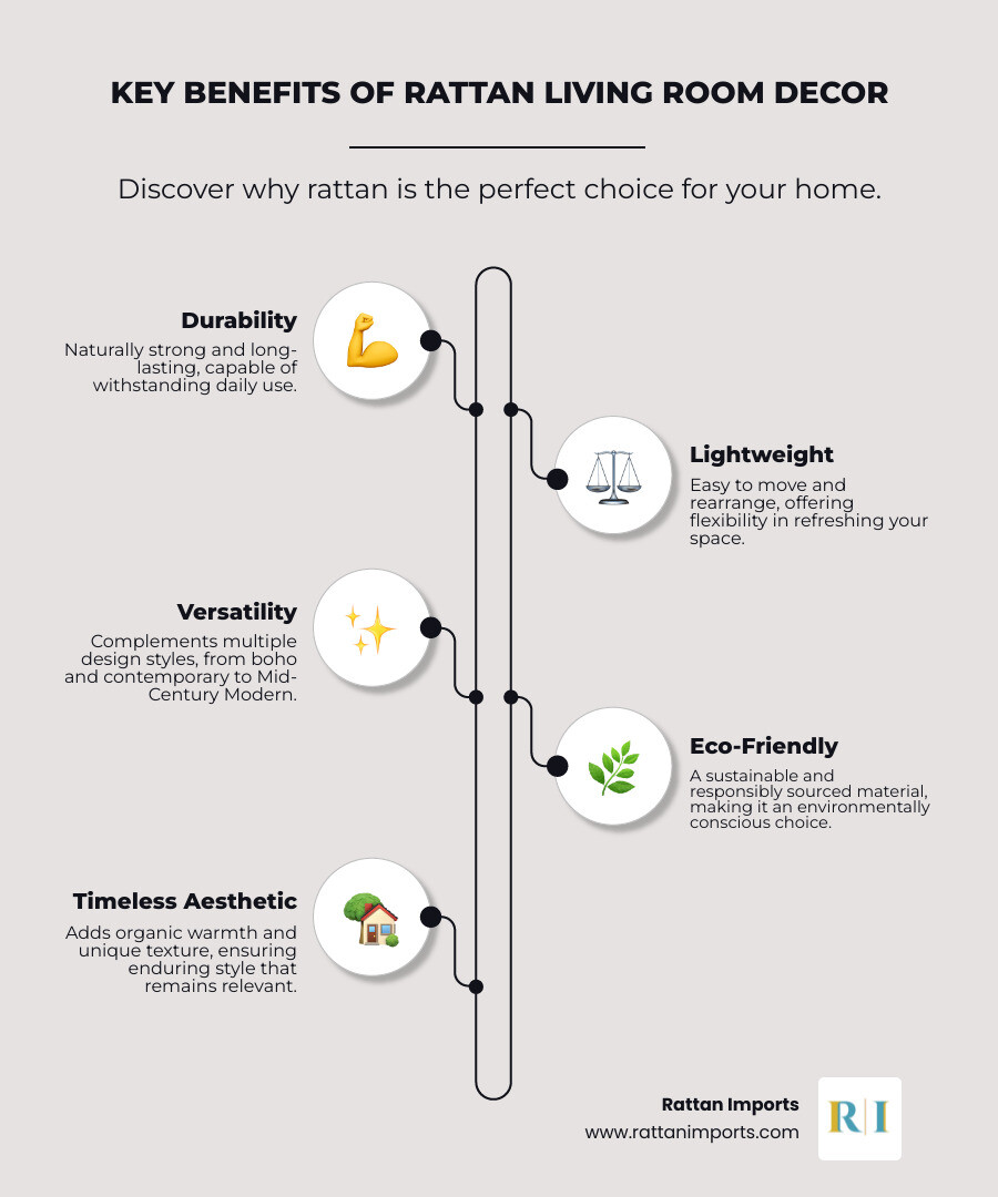Infographic showing the key benefits of rattan furniture: lightweight and easy to move, naturally durable and long-lasting, eco-friendly and sustainably sourced, adds organic warmth and texture to modern spaces, versatile enough to complement multiple design styles, and creates timeless appeal that won't go out of style - Rattan living room decor infographic infographic-line-5-steps-neat_beige
