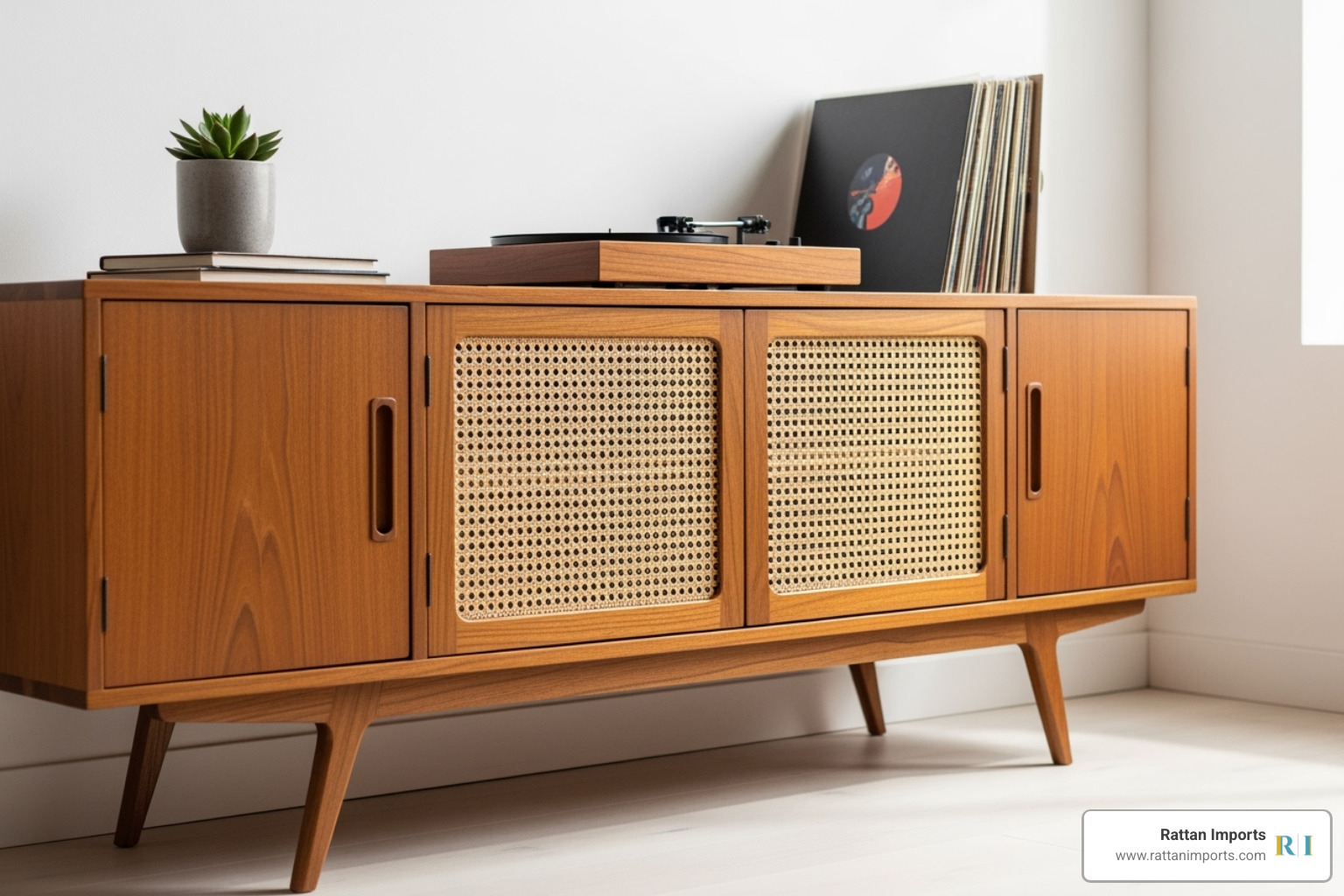 sleek wooden MCM media console with a woven rattan door detail - Rattan living room decor