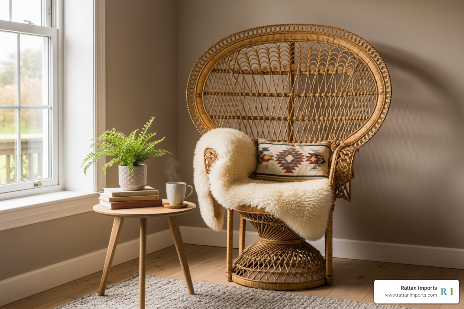 classic rattan peacock chair in a living room corner - Rattan living room decor