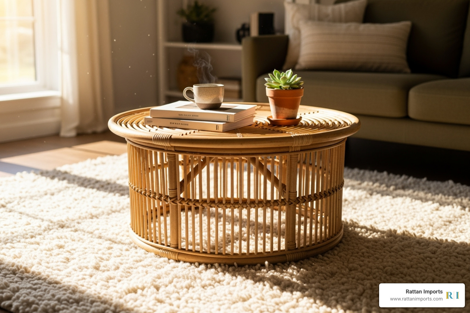 round rattan coffee table on a plush rug - Rattan living room decor