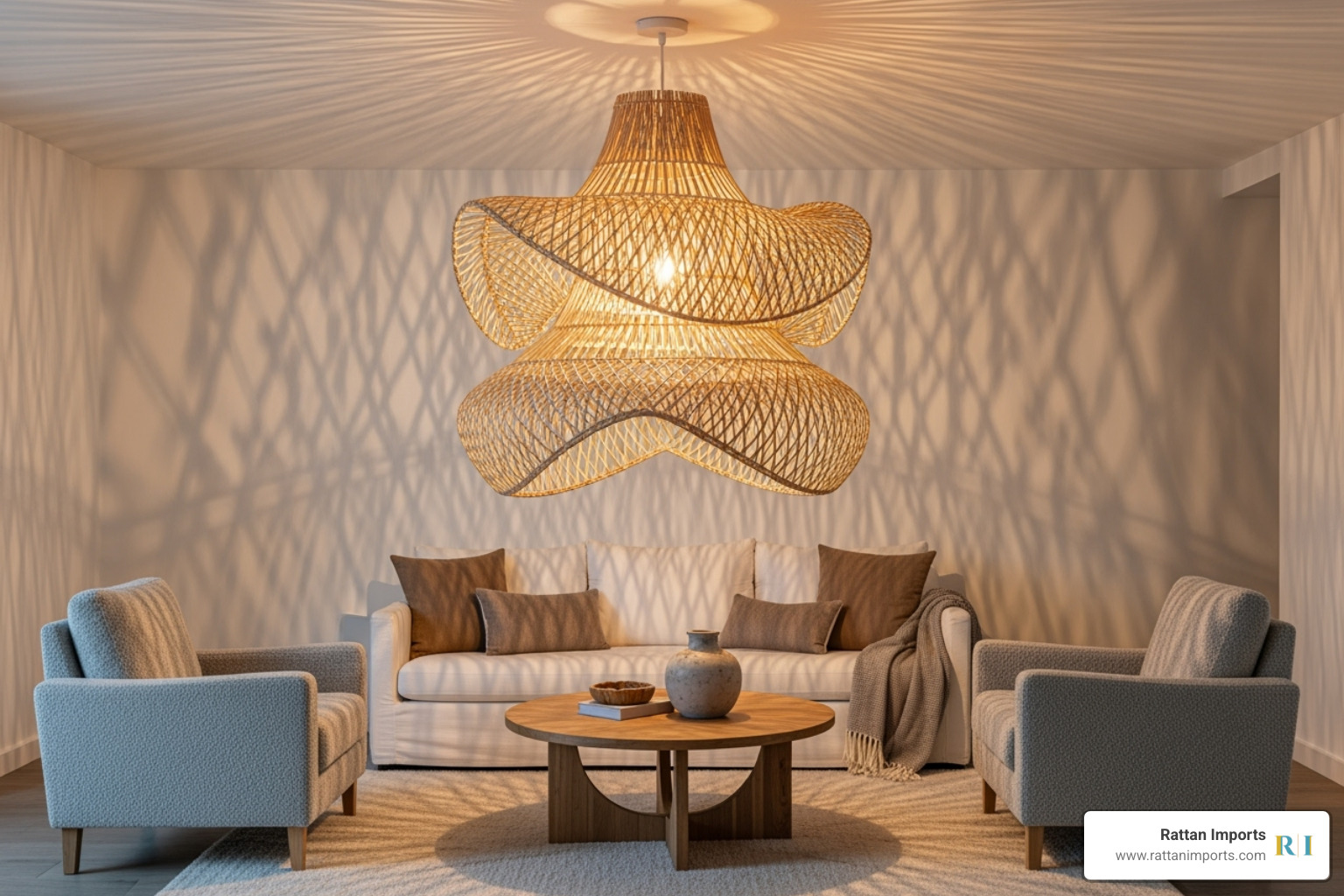 large, sculptural rattan pendant light hanging over a seating area - Rattan living room decor