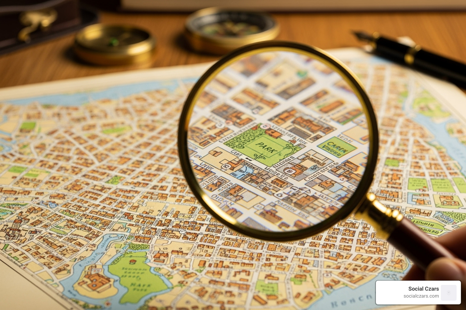 a magnifying glass over a map of a city - law firm seo cost