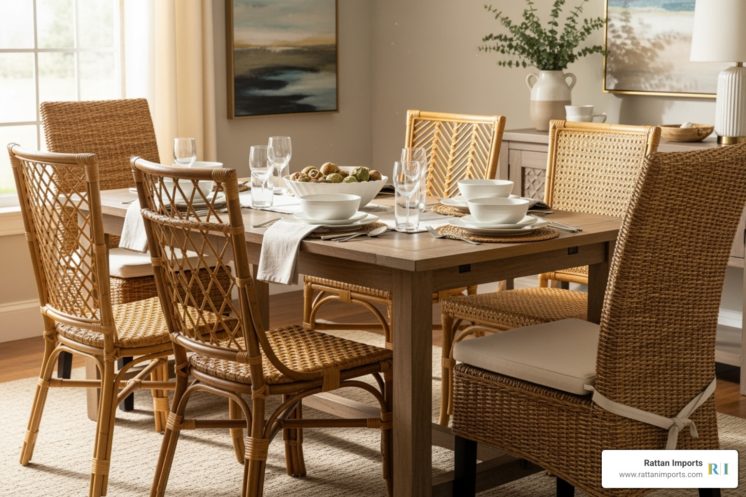 Mixed wicker dining chairs around a table - wicker chairs for dining table