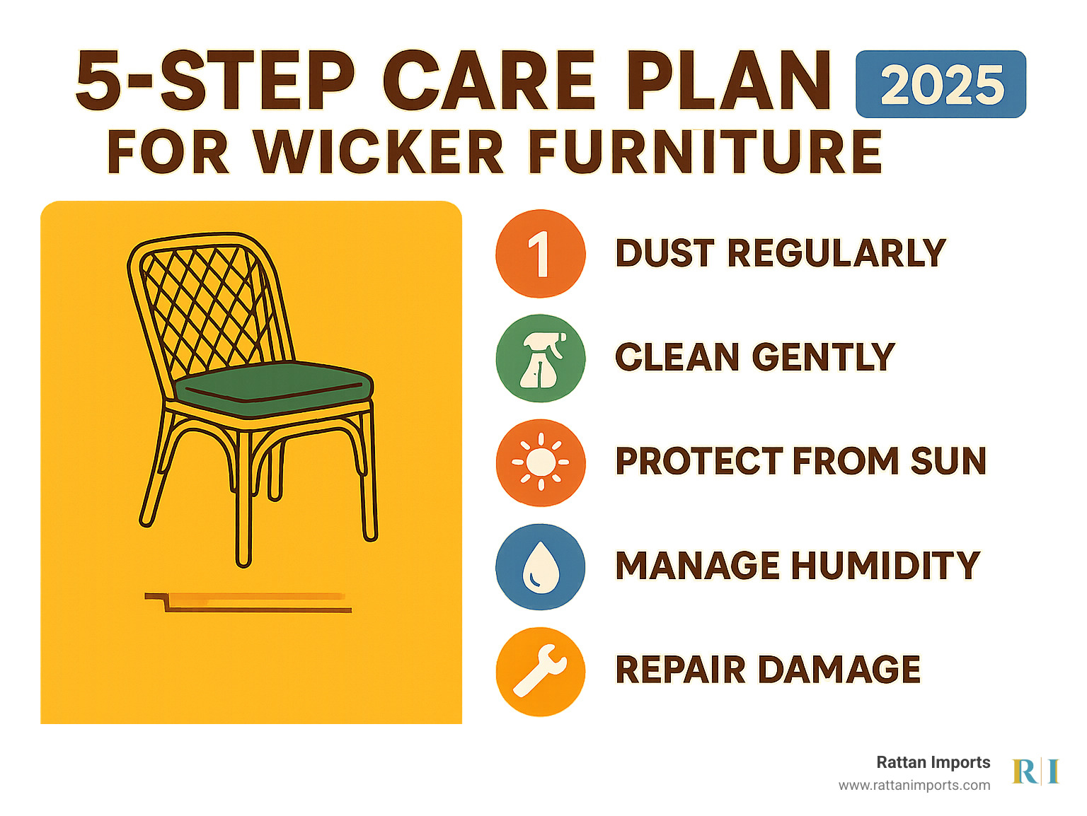 Infographic explaining 5-step care plan for wicker furniture - wicker chairs for dining table infographic 