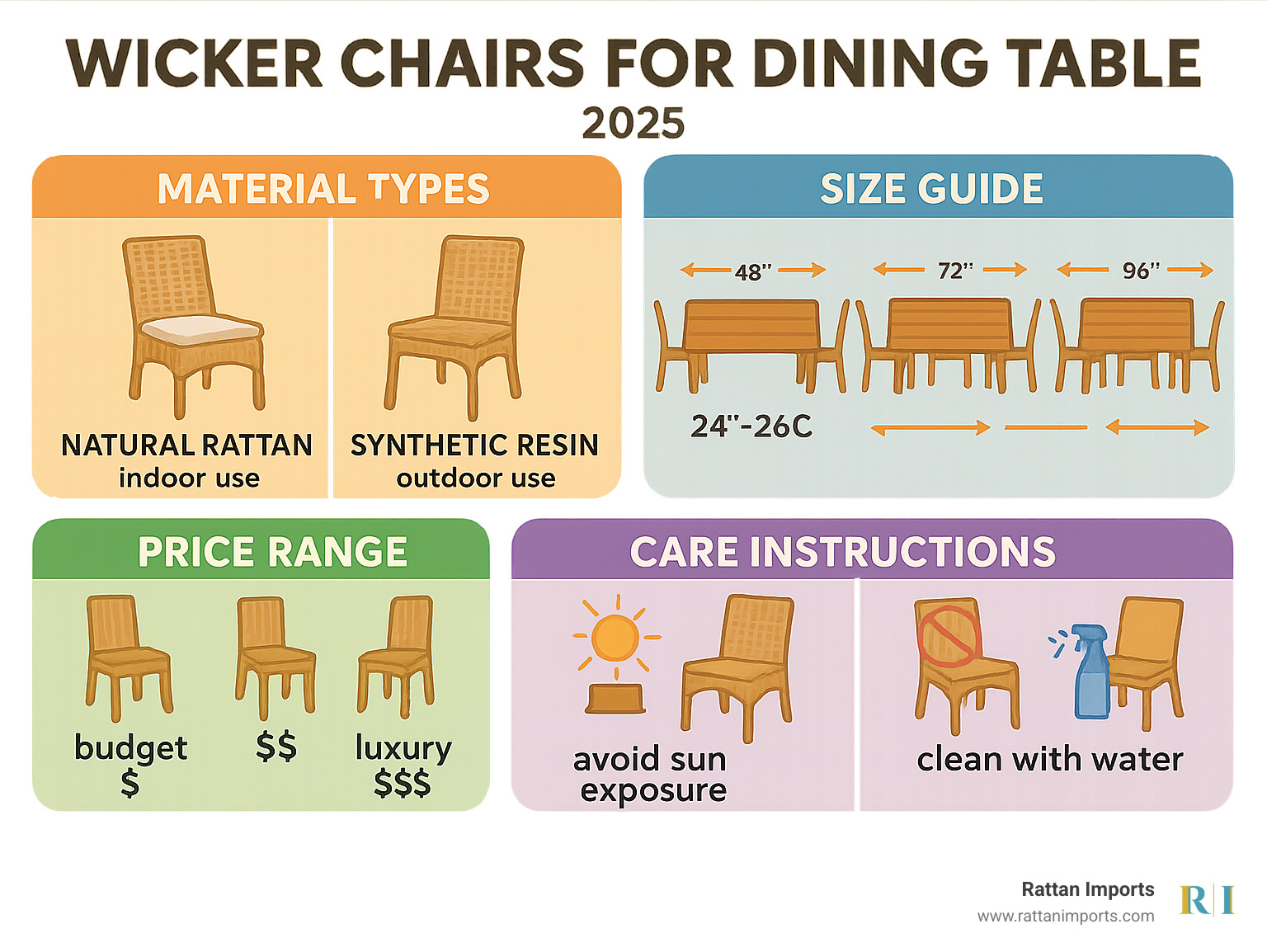 Comprehensive guide showing wicker chair material types, size measurements for different table lengths, price ranges from budget to luxury options, and care instructions for natural versus synthetic wicker dining chairs - wicker chairs for dining table infographic 
