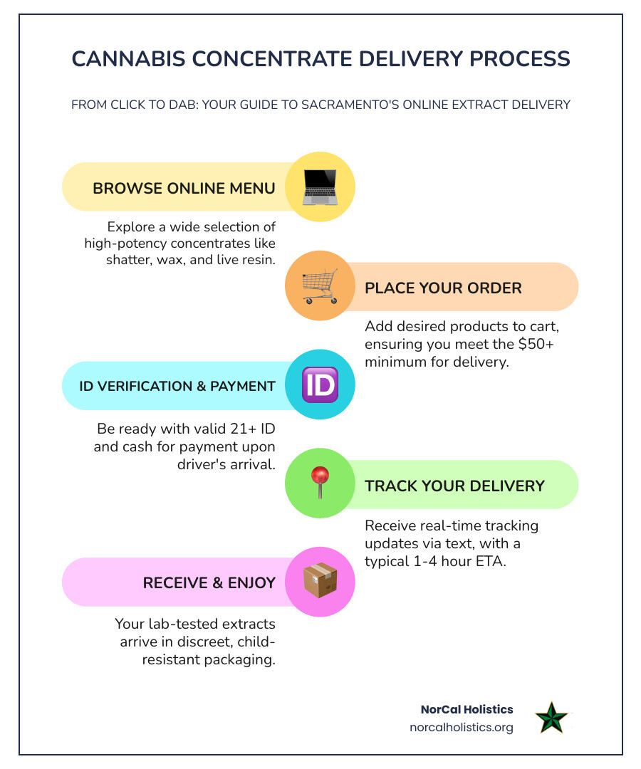 Detailed infographic showing the complete cannabis concentrate delivery process from browsing online menu to receiving discreet packaging, including ID verification, payment methods, delivery timeframes, and storage recommendations - cannabis concentrate delivery infographic infographic-line-5-steps-colors