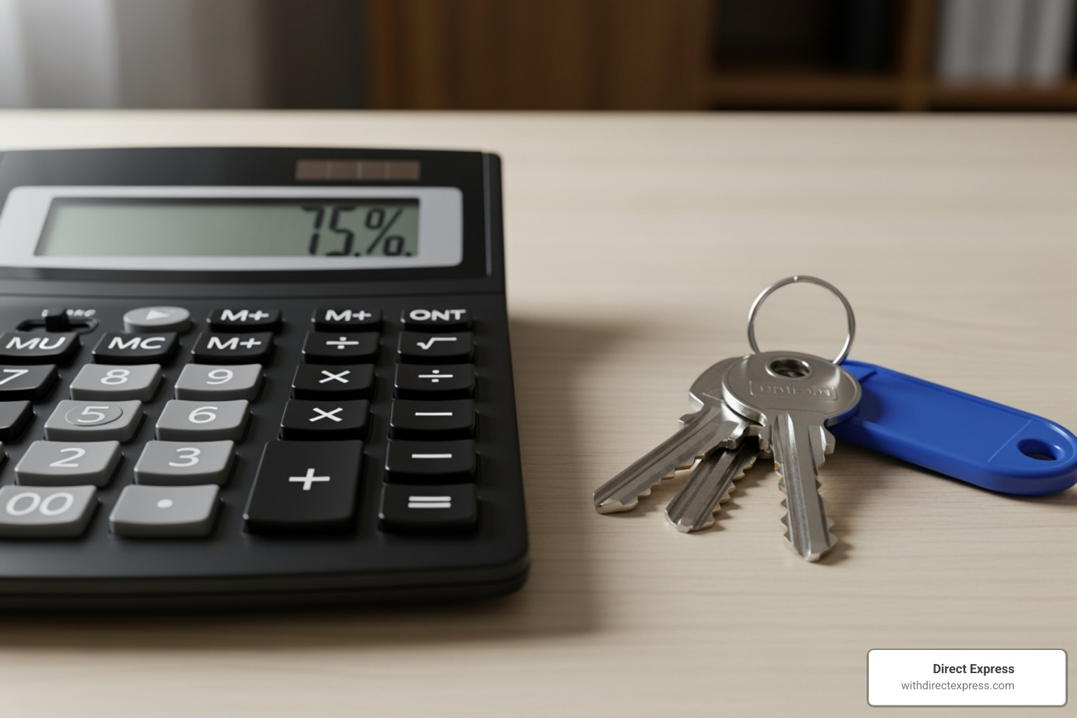 calculator displaying a percentage, with house keys next to it - property management cost