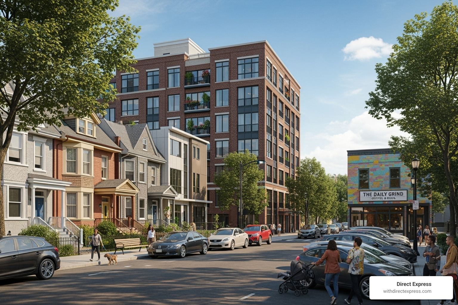 diverse street with single-family homes, a multi-unit building, and a small commercial storefront - property management cost