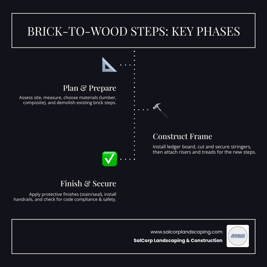 Step-by-step process infographic showing the main phases: 1) Assessment and Planning (measure existing steps, check local codes, choose materials), 2) Demolition or Prep (remove damaged brick or clean existing foundation), 3) Construction (install ledger board, cut stringers, attach treads and risers), 4) Finishing (seal, stain, add railings). Includes average timeline of 2-4 days DIY or 1-2 days professional, and key material options of pressure-treated lumber, cedar, or composite decking. - replacing brick steps with wood infographic infographic-line-3-steps-dark