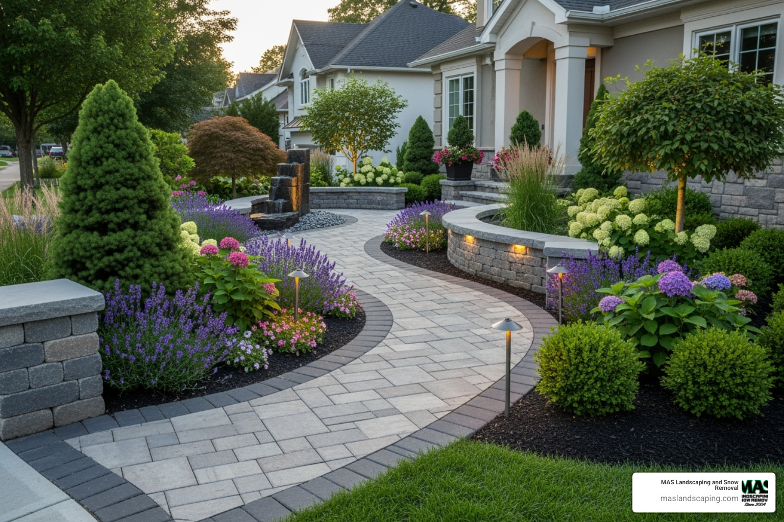 a beautifully designed front yard with hardscaping elements - gardening near me