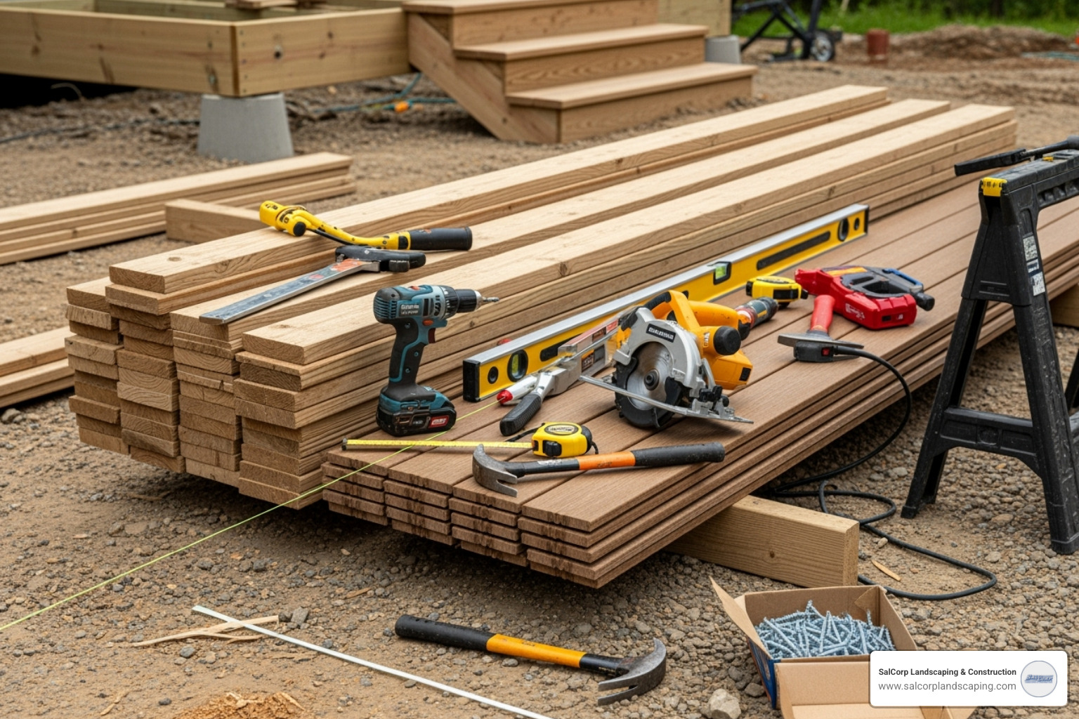 essential materials like pressure-treated lumber, composite decking boards, and tools including a hammer drill, circular saw, and level. - replacing brick steps with wood