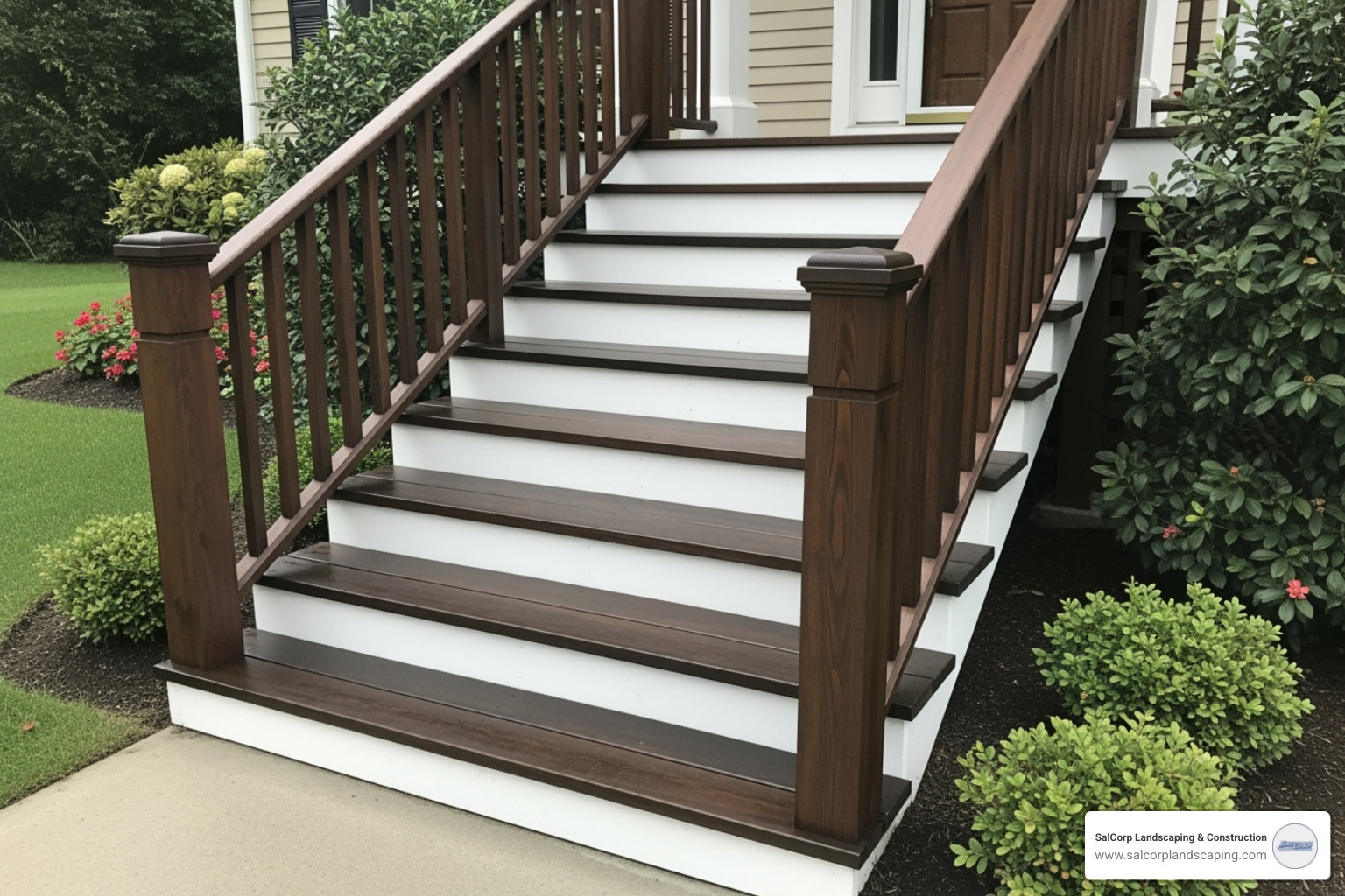 finished wooden steps with stained treads, painted white risers, and a sturdy handrail. - replacing brick steps with wood