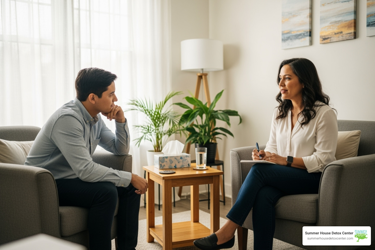 A person receiving one-on-one counseling in a comfortable, bright therapy room - drug rehab centers in north miami