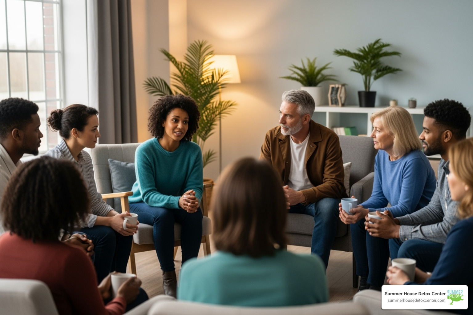 A diverse group of people sitting in a circle, engaged in a supportive aftercare meeting, sharing and listening - drug rehab centers in north miami