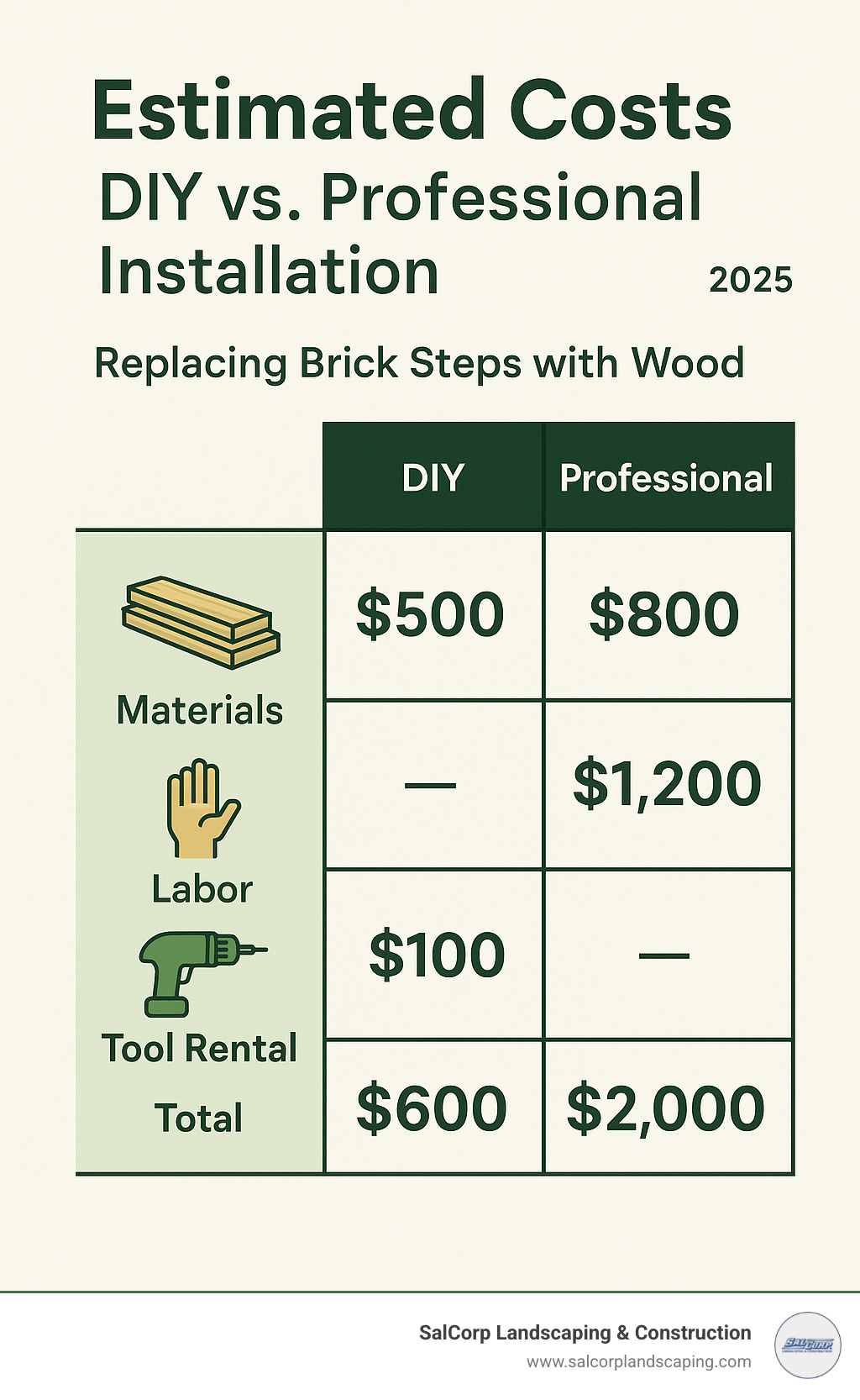 table comparing the estimated costs of a DIY vs. Professional installation, including materials, labor, and tool rental. - replacing brick steps with wood infographic 