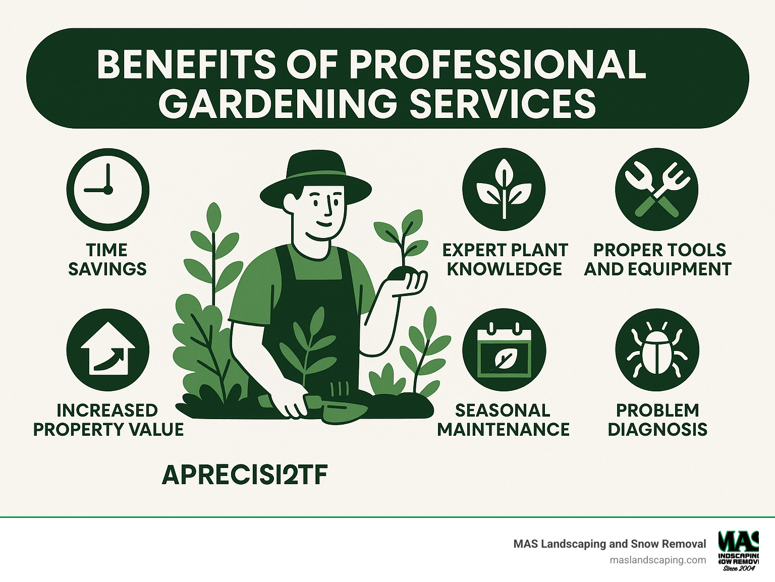 Comprehensive infographic showing the benefits of professional gardening services including time savings, expert plant knowledge, proper tools and equipment, increased property value, seasonal maintenance schedules, and problem diagnosis capabilities - gardening near me infographic 