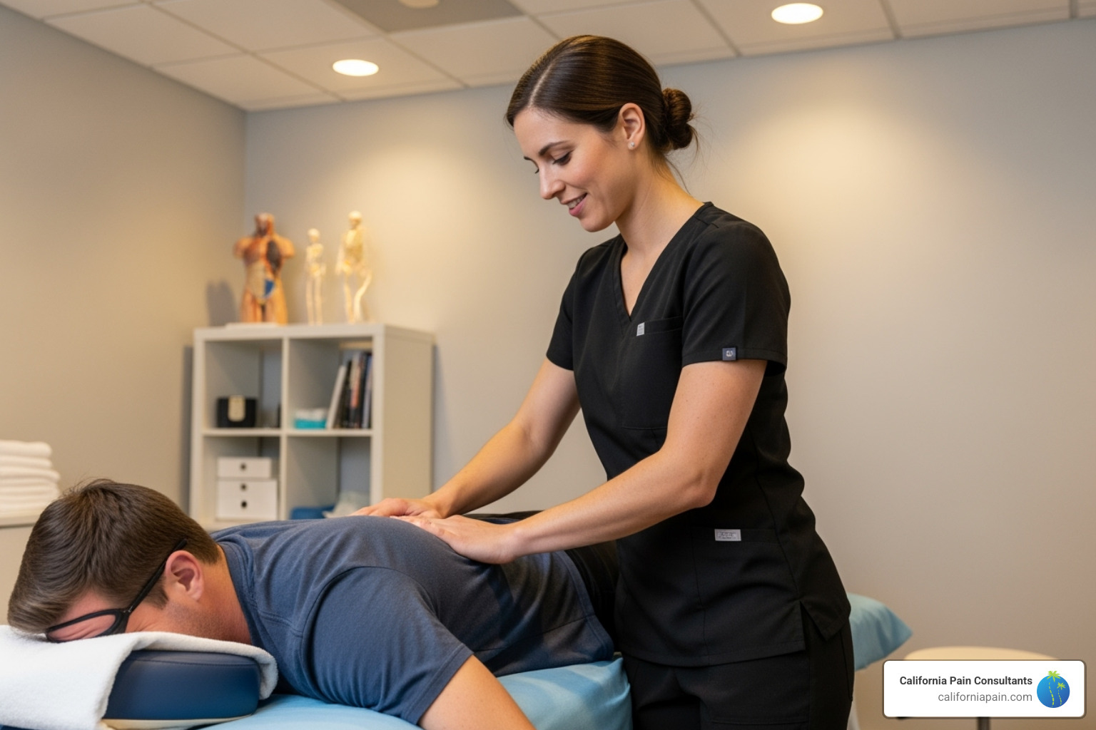 A physical therapist performing a gentle manual therapy technique on a patient's back - chronic pain physical therapy treatment