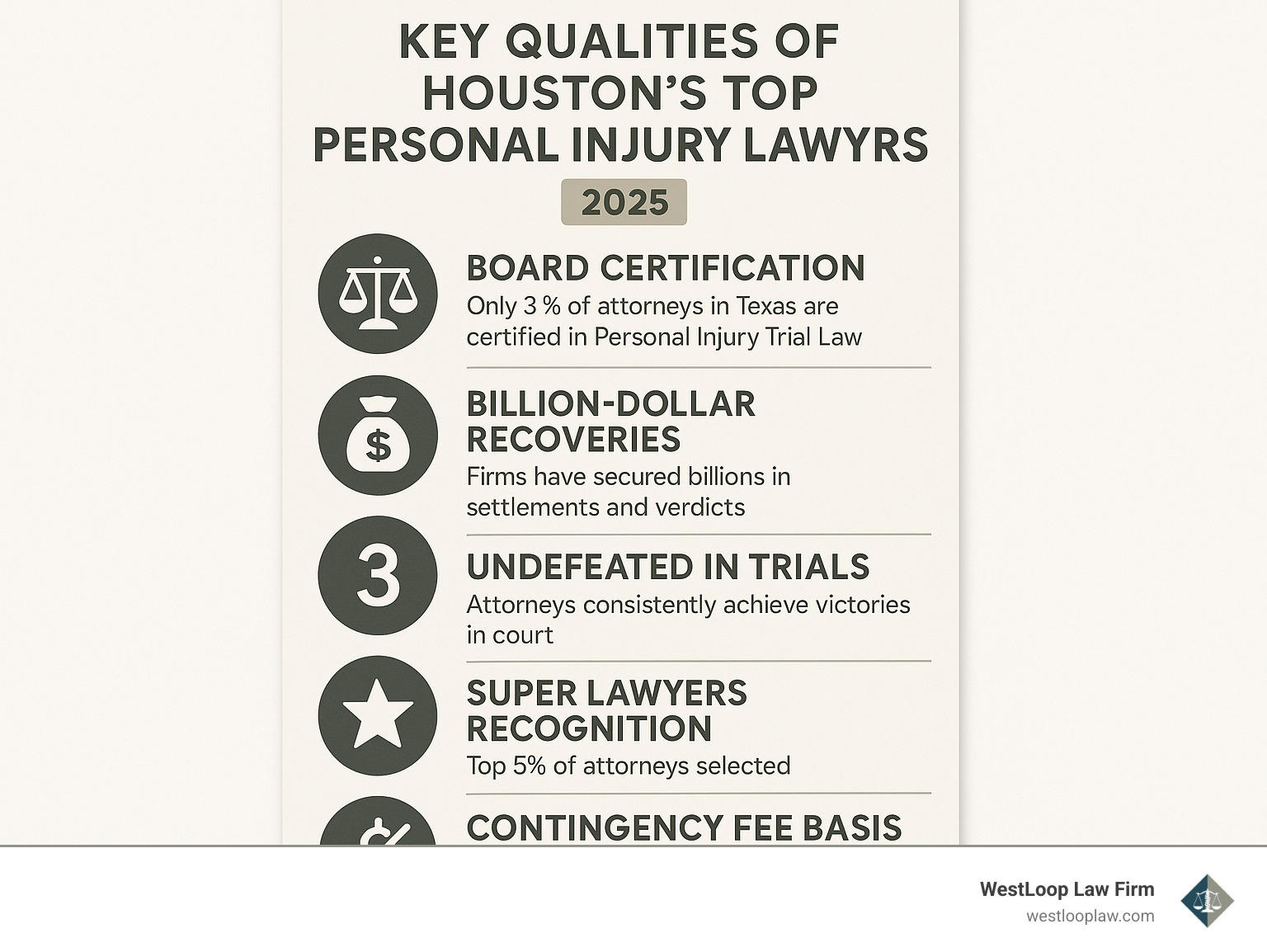 Infographic showing the 5 key qualities of Houston's top personal injury lawyers: Board certification in Personal Injury Trial Law, billion-dollar recovery track records, undefeated trial history, Super Lawyers recognition, and contingency fee arrangements with detailed statistics and explanations for each quality - best personal injury attorney houston infographic 