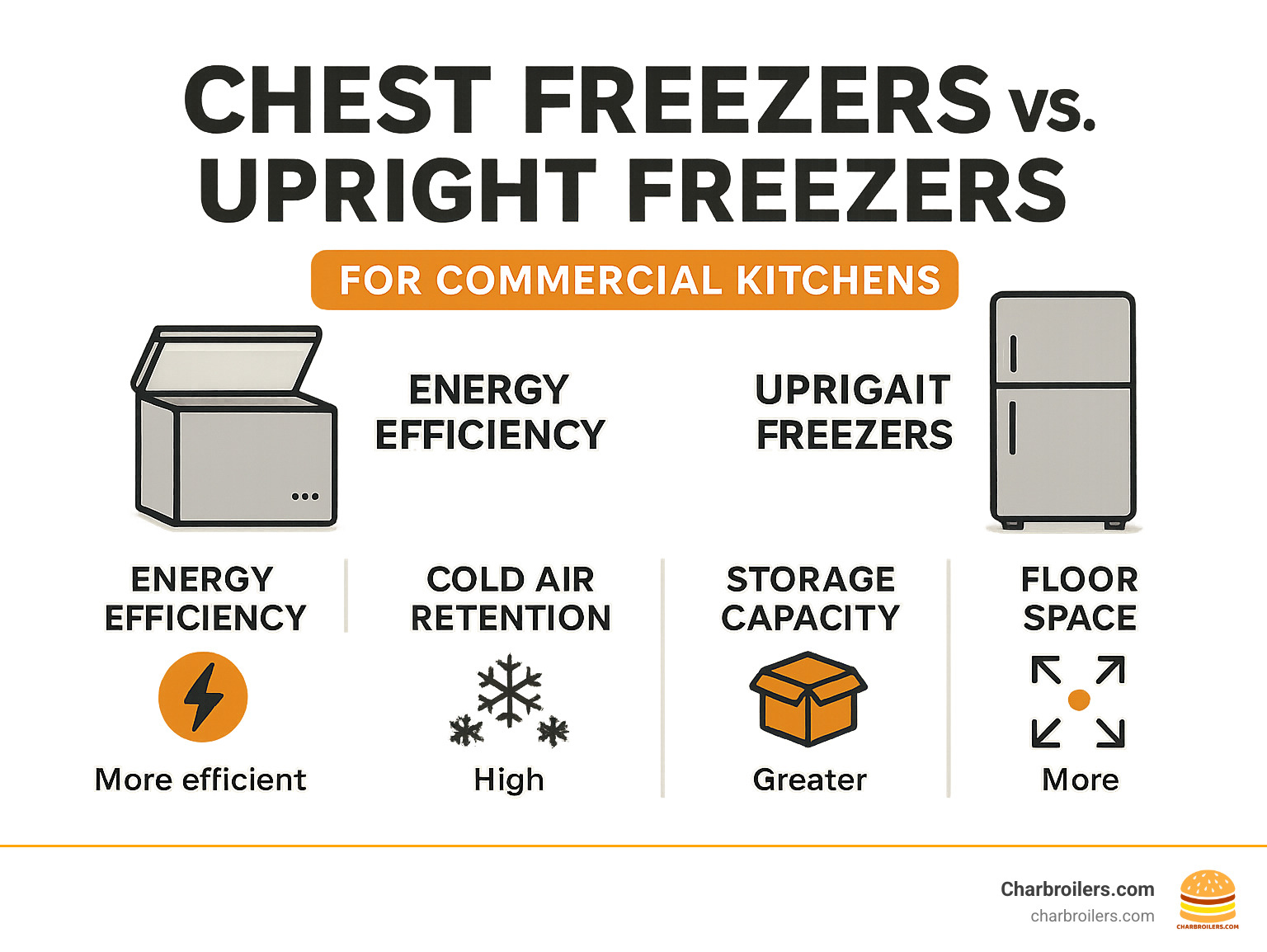 Infographic comparing chest freezers vs upright freezers showing energy efficiency, cold air retention, storage capacity, and floor space requirements for commercial kitchens - commercial cool 3.5 chest freezer infographic 