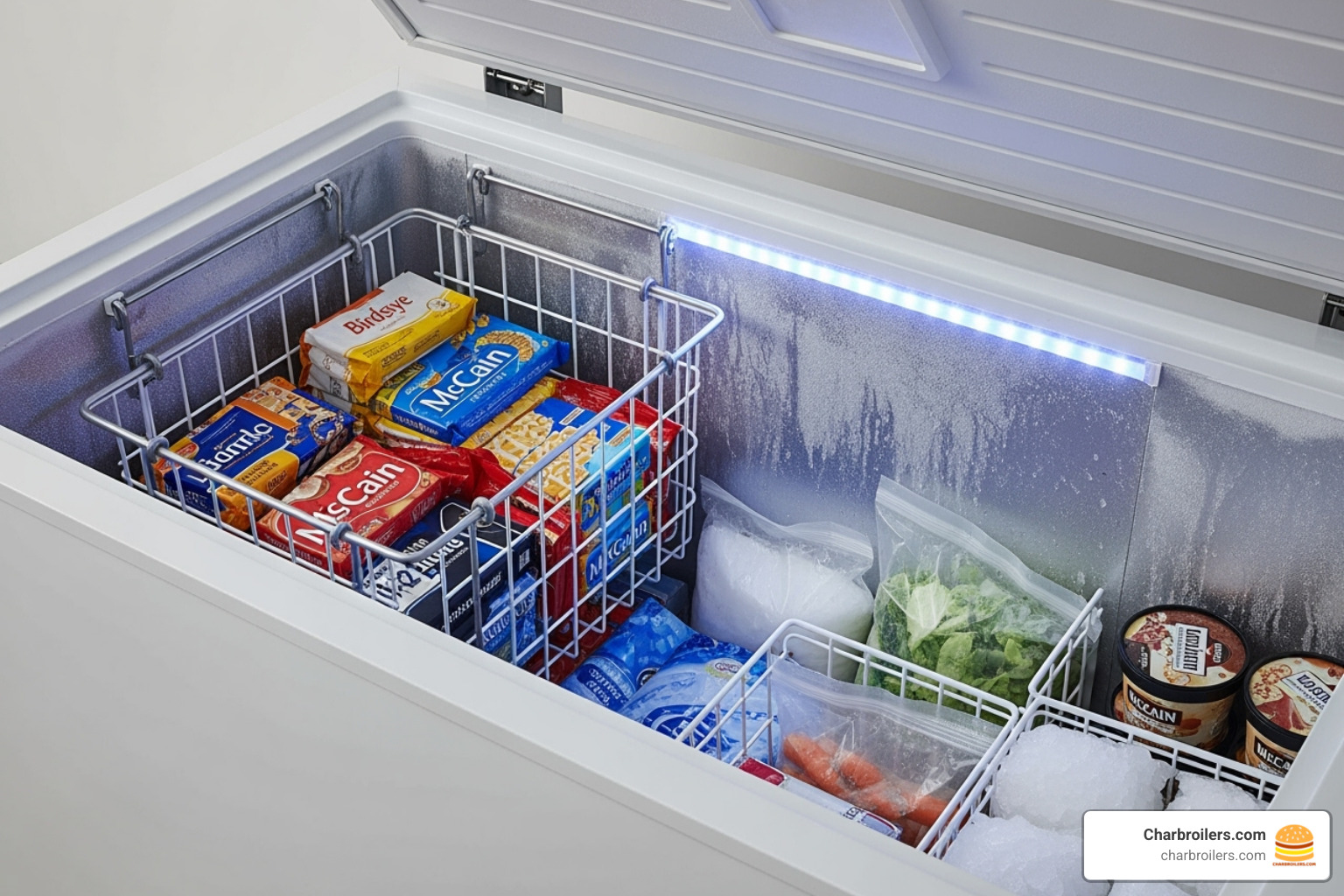 interior of a chest freezer with a storage basket and LED lighting - commercial chest freezer 7 cu ft