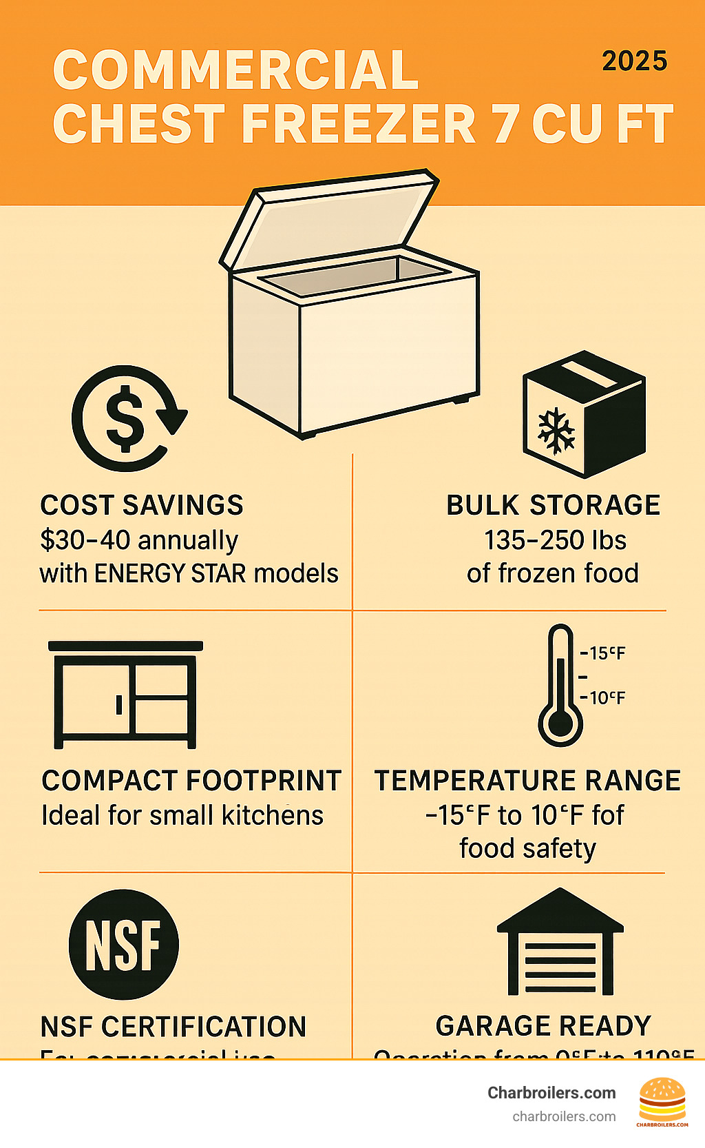 Infographic showing the key benefits of a 7 cu ft commercial chest freezer including cost savings of $30-40 annually with ENERGY STAR models, bulk storage capacity of 135-250 lbs of frozen food, compact footprint ideal for small kitchens, temperature range from -15°F to 10°F for food safety, NSF certification for commercial use, and garage ready operation from 0°F to 110°F - commercial chest freezer 7 cu ft infographic 
