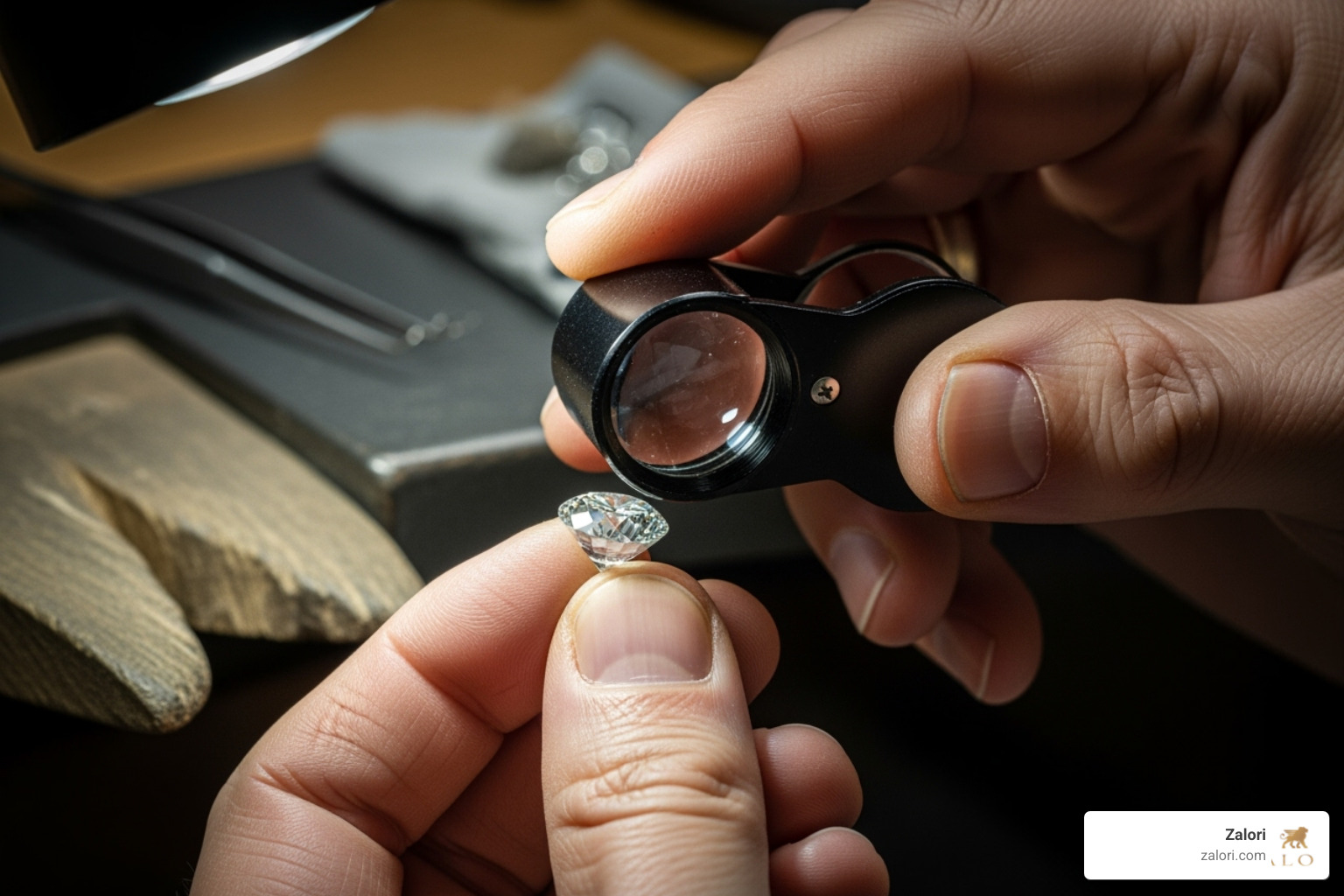 jeweler inspecting a loose diamond with a loupe - Custom diamond rings jeweler inspecting a loose diamond with a loupe - Custom diamond rings