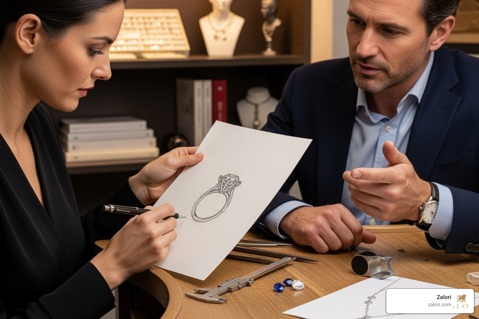 jewelry designer sketching a ring design with a client - Custom diamond rings jewelry designer sketching a ring design with a client - Custom diamond rings